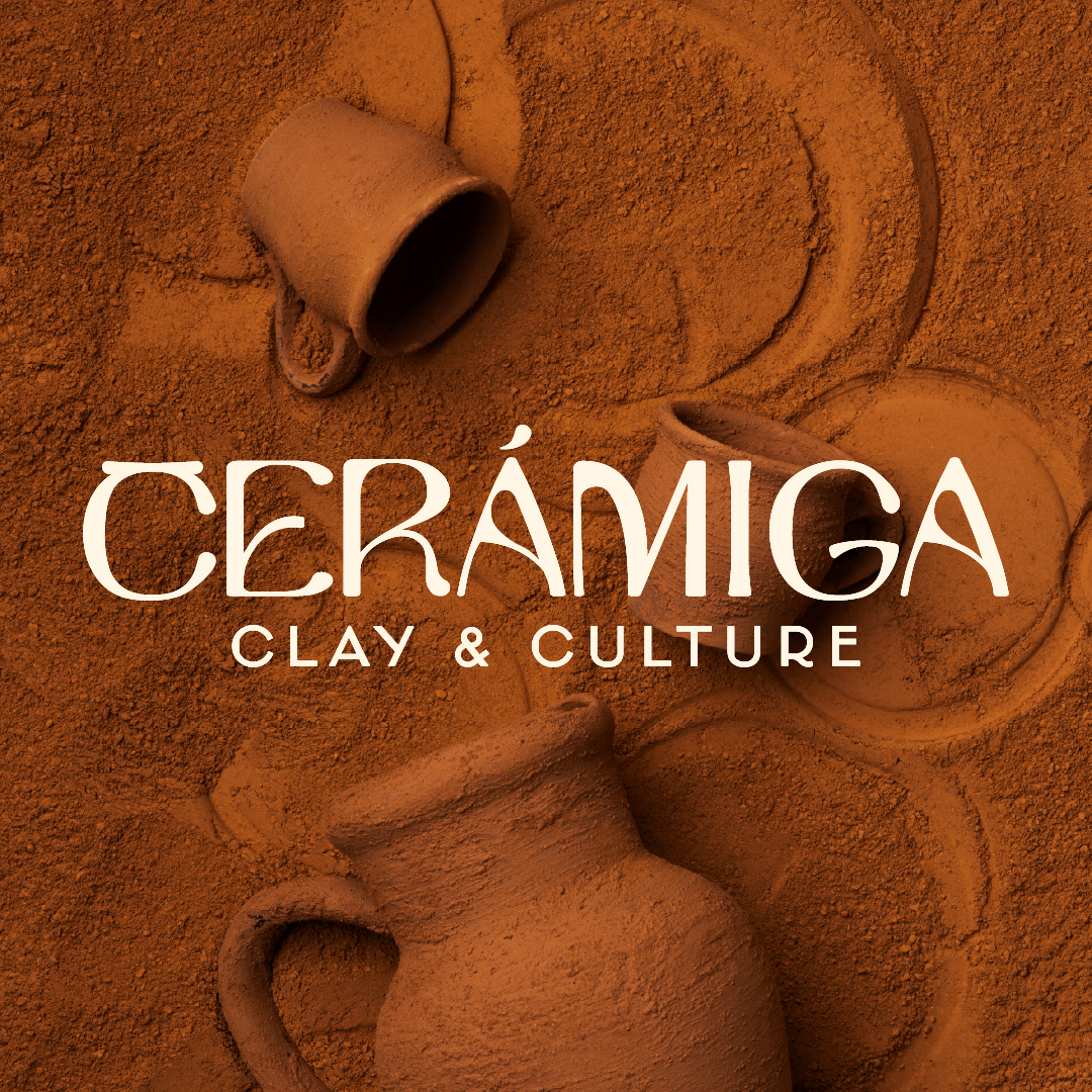 Clay pottery cups and a jug on a clay surface with text Cerámiga Clay & Culture.