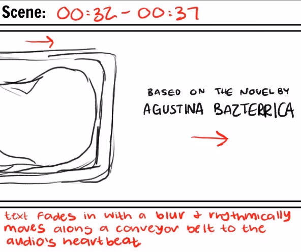 Storyboard frame showing text based on Agustina Bazterrica's novel moving on a conveyor belt.