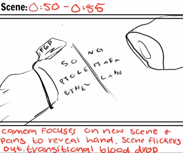 Storyboard panel shows a hand with a tag and handwritten text, with camera focus notes below.