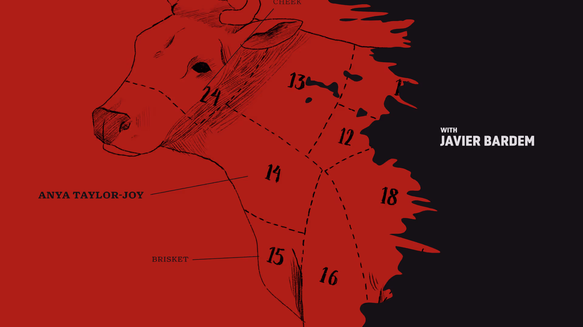 Red diagram of a cow with numbered meat cuts and actor names Anya Taylor-Joy and Javier Bardem.