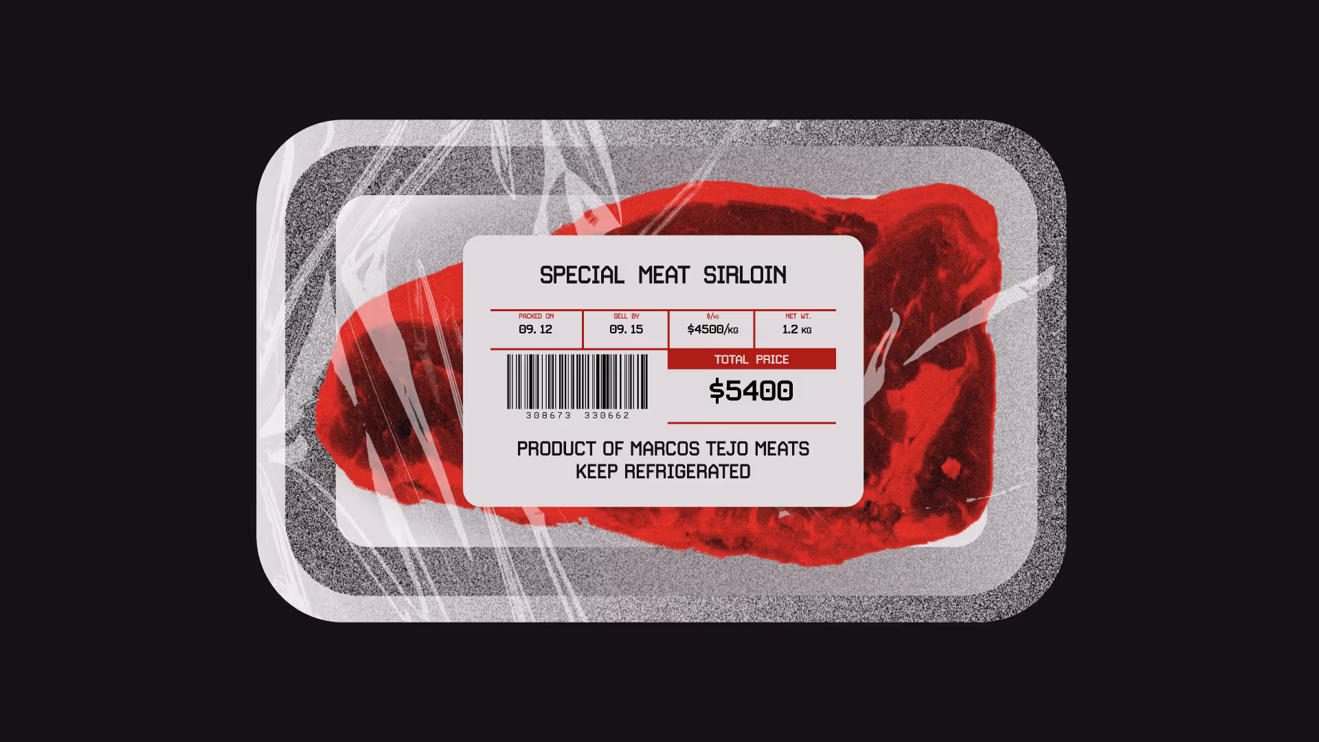 Packaged special meat sirloin with price tag showing $5400 for 1.2 kg at $4500 per kg.