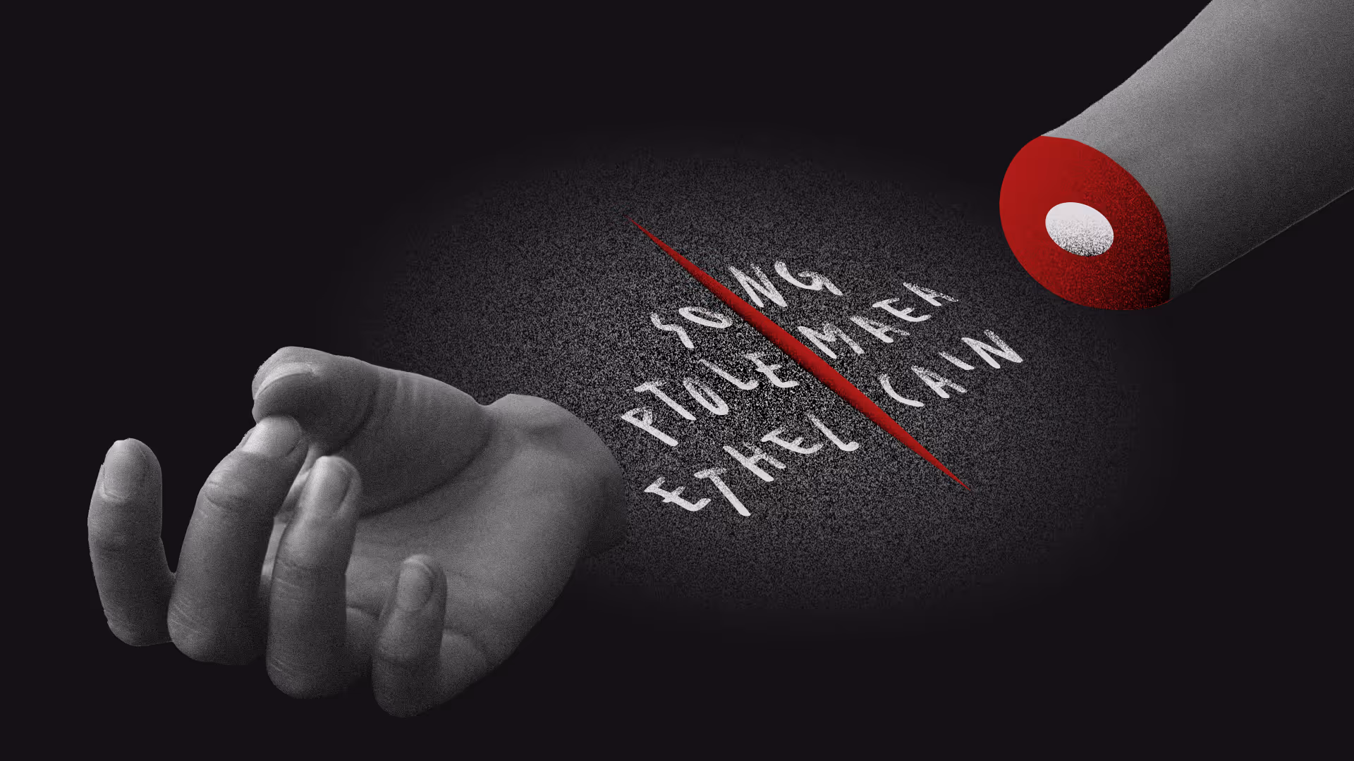 Hand with red-lit cut beside text reading 'Song Fluehrer Ethel Cain' on a dark background.