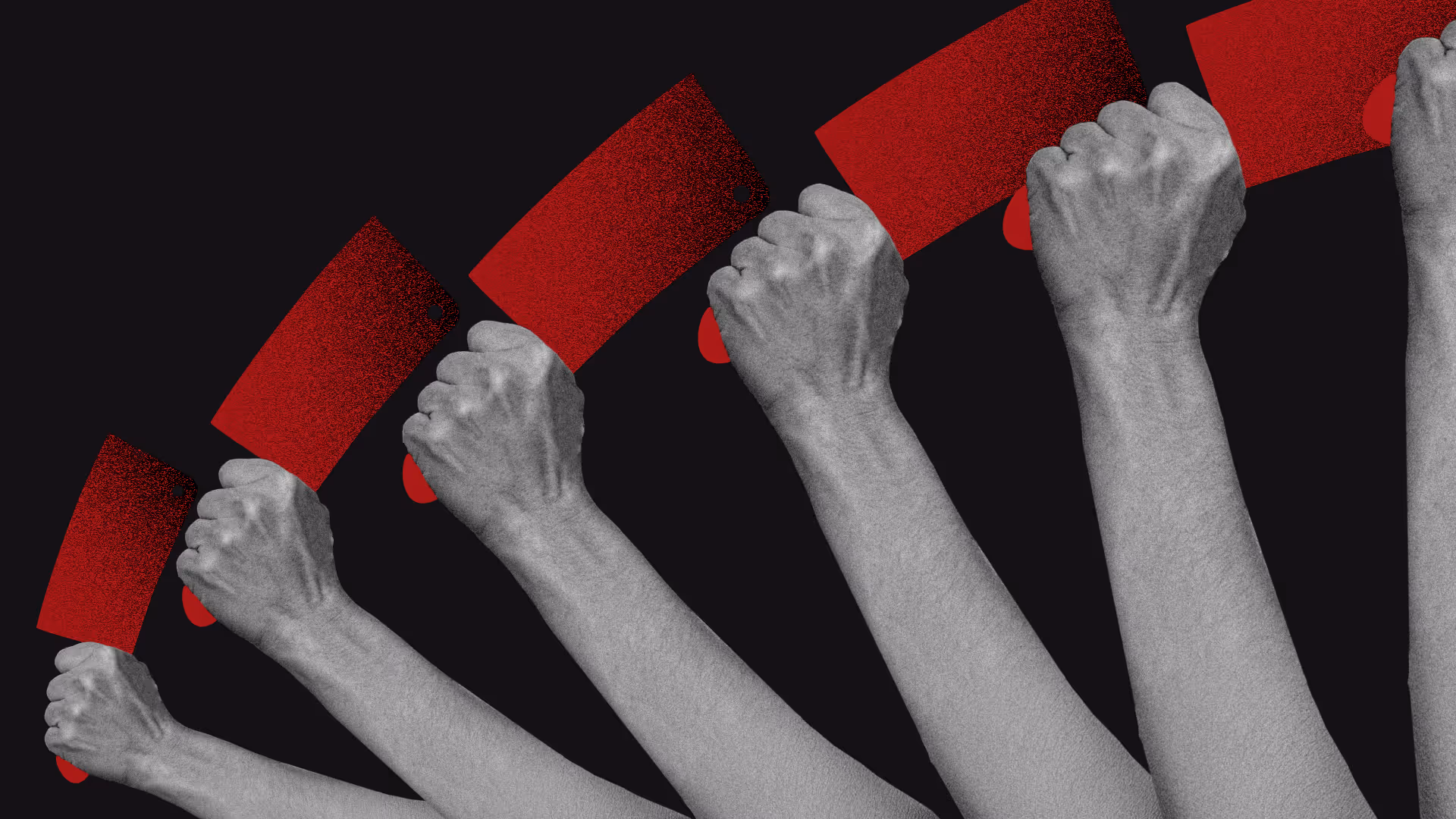 Multiple arms holding red meat cleavers fanned out against a black background.