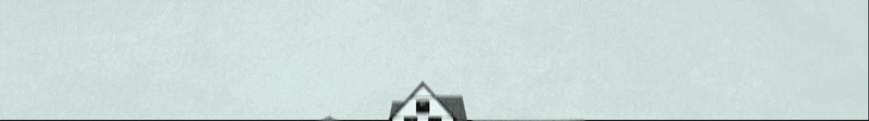 Animated collage of green coins falling behind suburban houses.