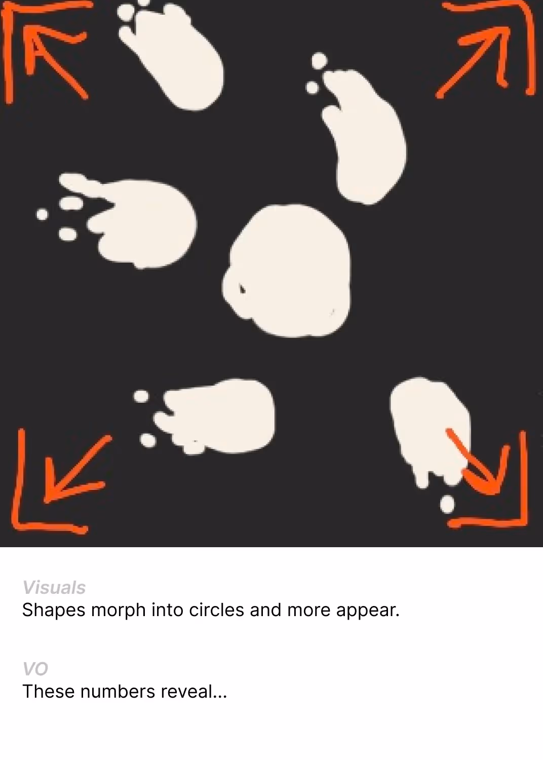 Storyboard sketch of White abstract shapes morphing into circles on a black background with red arrows in corners.