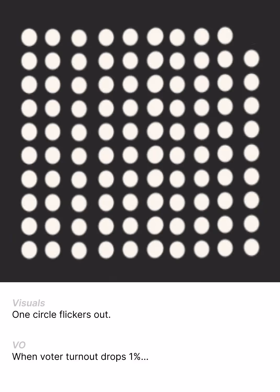 Storyboard sketch of grid of white circles on black background with one circle flickering out.