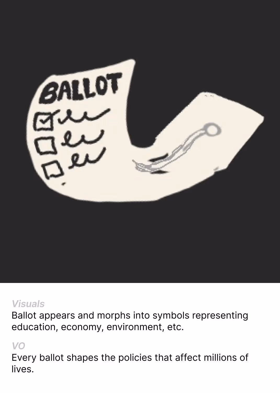 Storyboard sketch of A ballot with checkboxes, one marked, on a dark background.