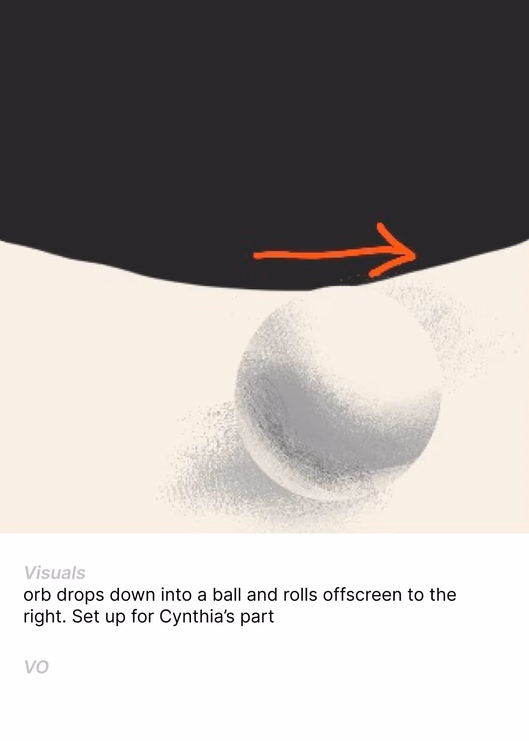 Storyboard sketch of A shaded orb drops and rolls offscreen to the right with an orange arrow showing direction.