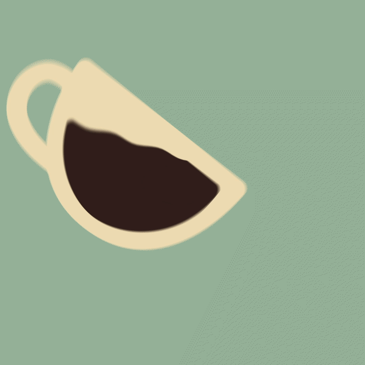 Simple illustration of a beige coffee cup tilted with dark coffee inside on a teal background.
