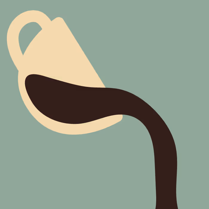 Stylized beige cup tilted pouring dark coffee against a teal background.