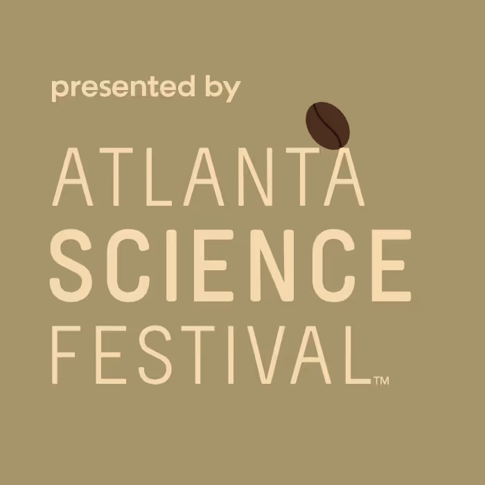 Logo for Atlanta Science Festival with text presented by and a coffee bean graphic on olive background.