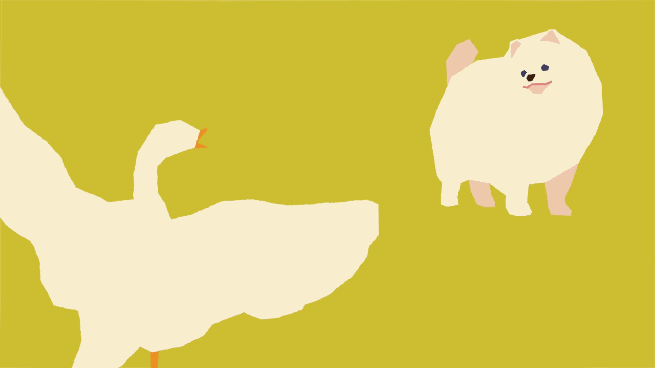 Minimalist animation of a cream-colored duck flapping wings near a small fluffy dog on green background.