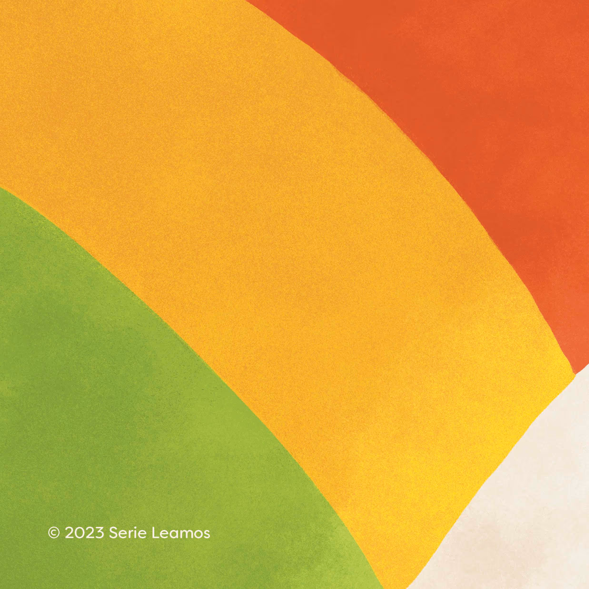 Abstract artwork with large curved shapes in green, yellow, orange, and white colors.