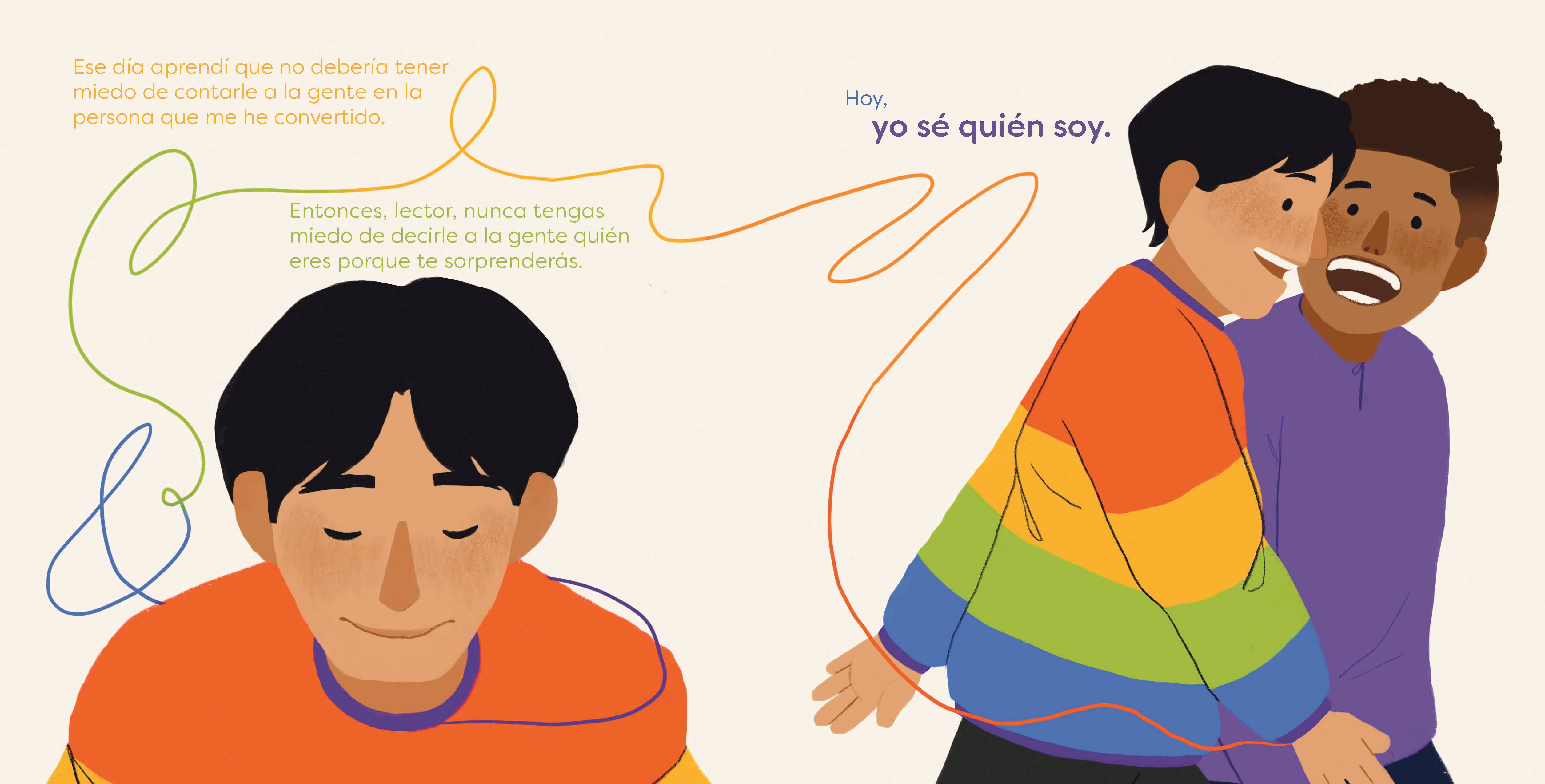 Two happy men holding hands, one wearing a rainbow jacket, colorful lines connecting text and characters.