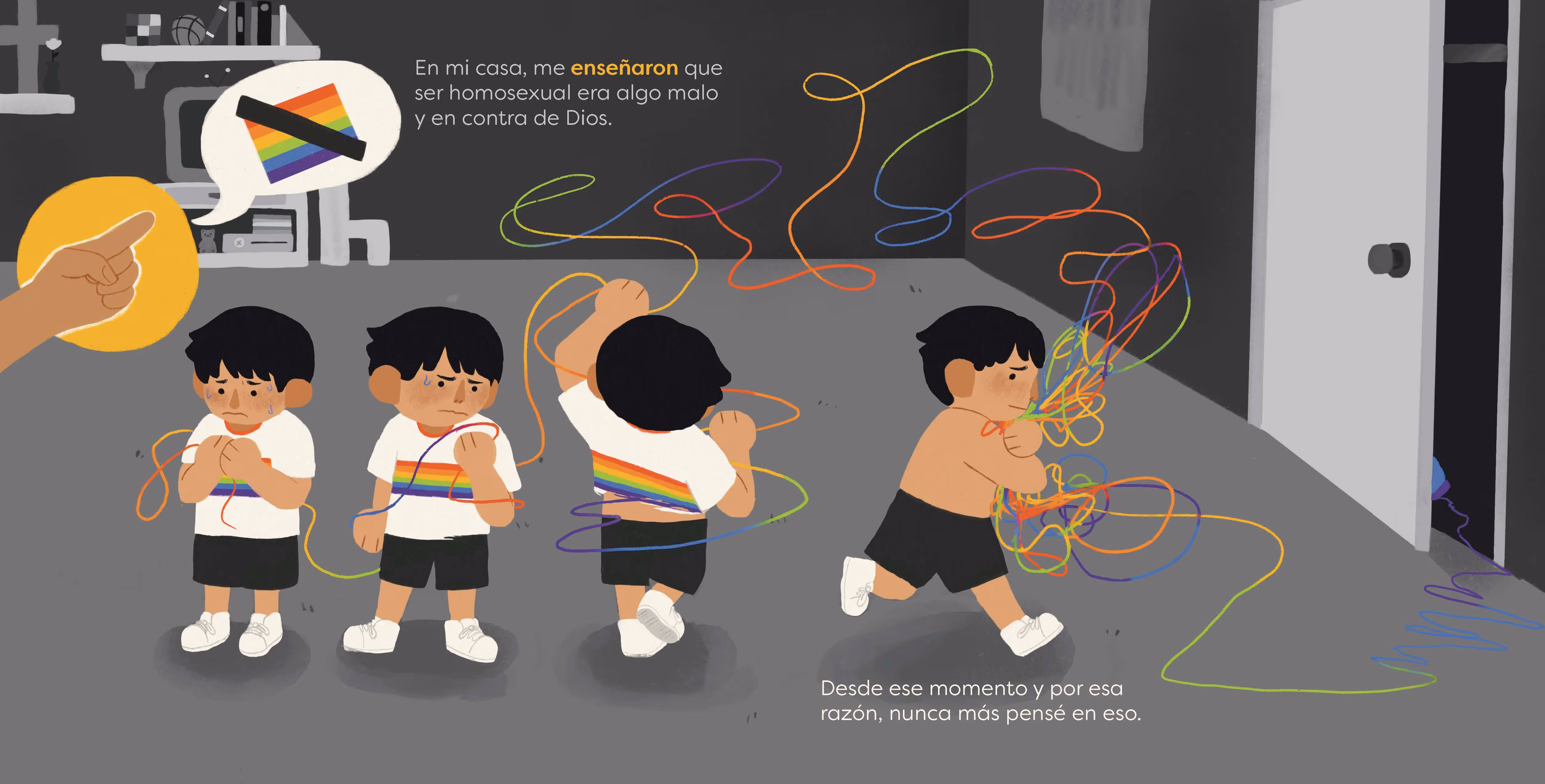 Sad boy unravels rainbow threads from his chest as a hand points disapprovingly with crossed-out pride flag.
