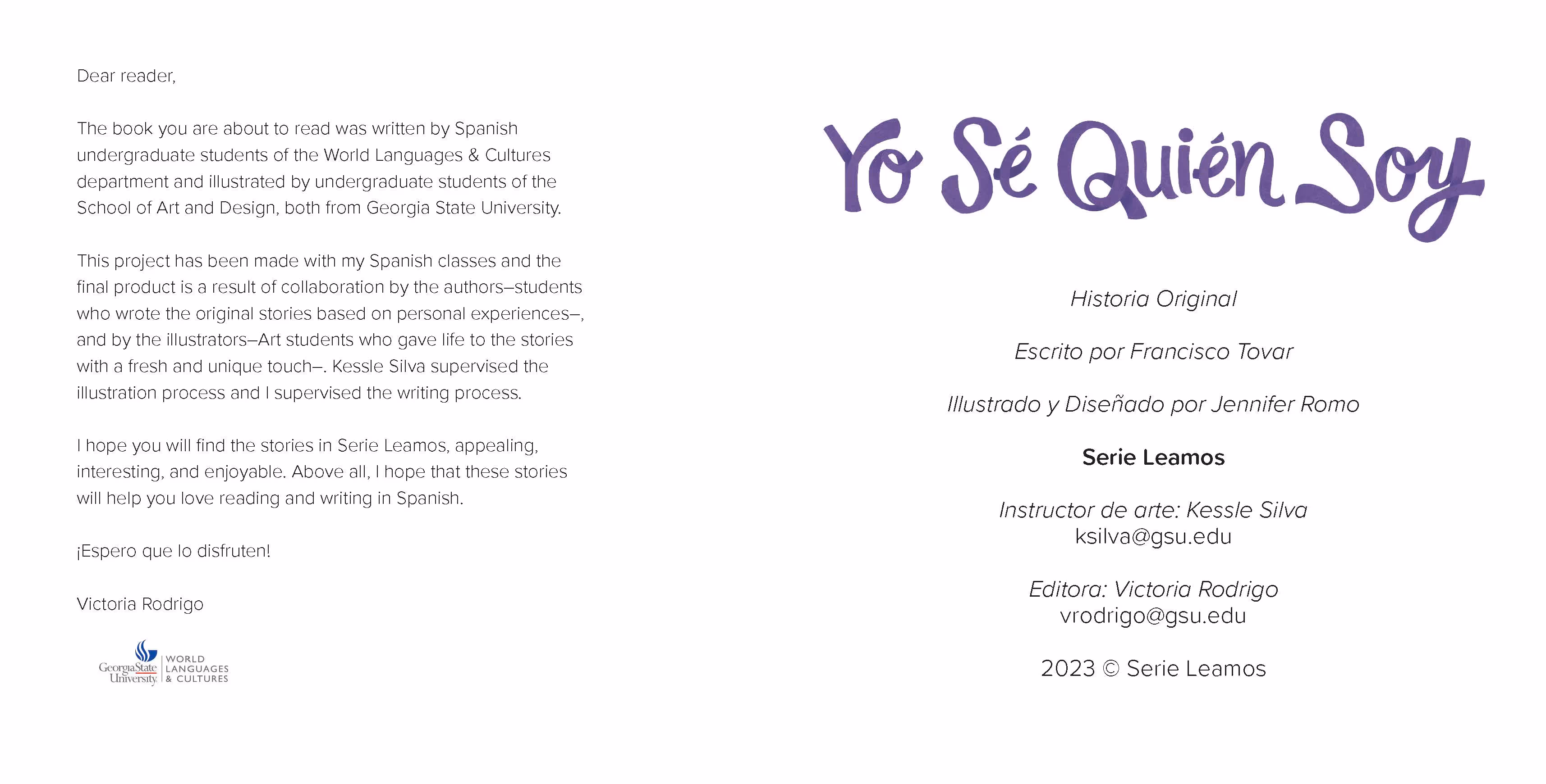 Two-page book introduction with author note and credits for 'Yo Sé Quién Soy' from Georgia State University.