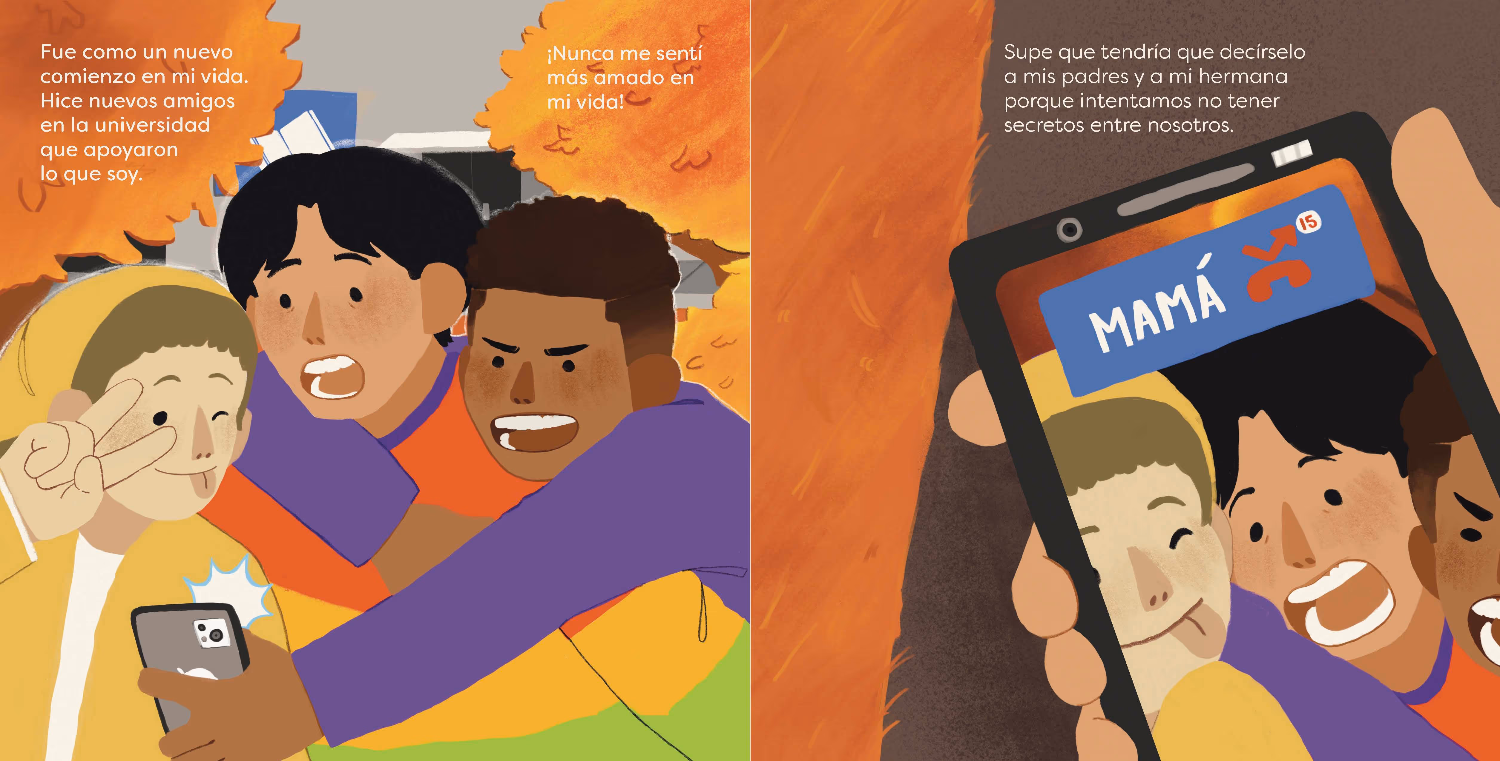 Three friends take a selfie outdoors with autumn trees, and a phone screen showing a missed call from Mom.