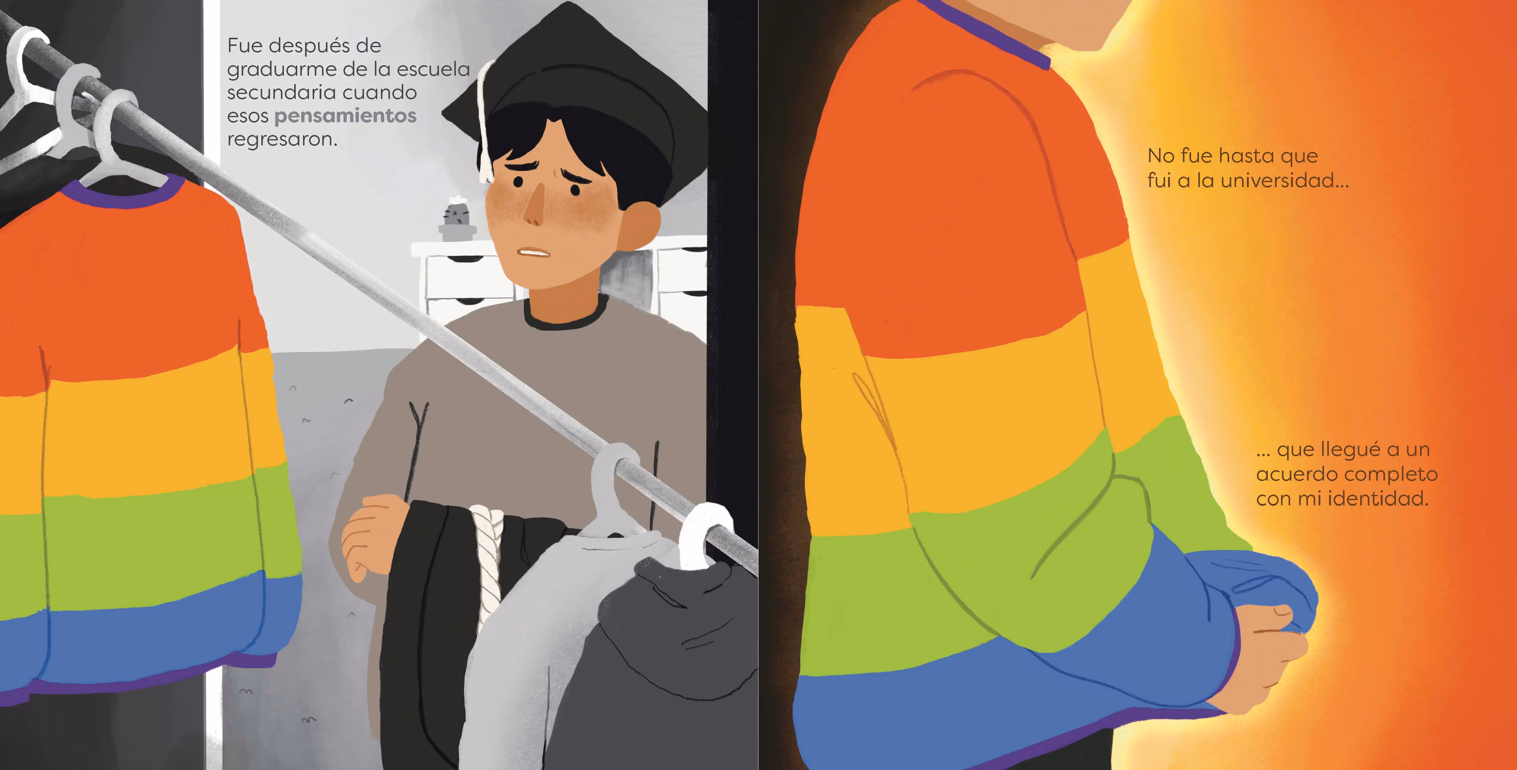 Left: confused graduate in cap near rainbow sweater; right: person in rainbow sweater glowing on orange background.