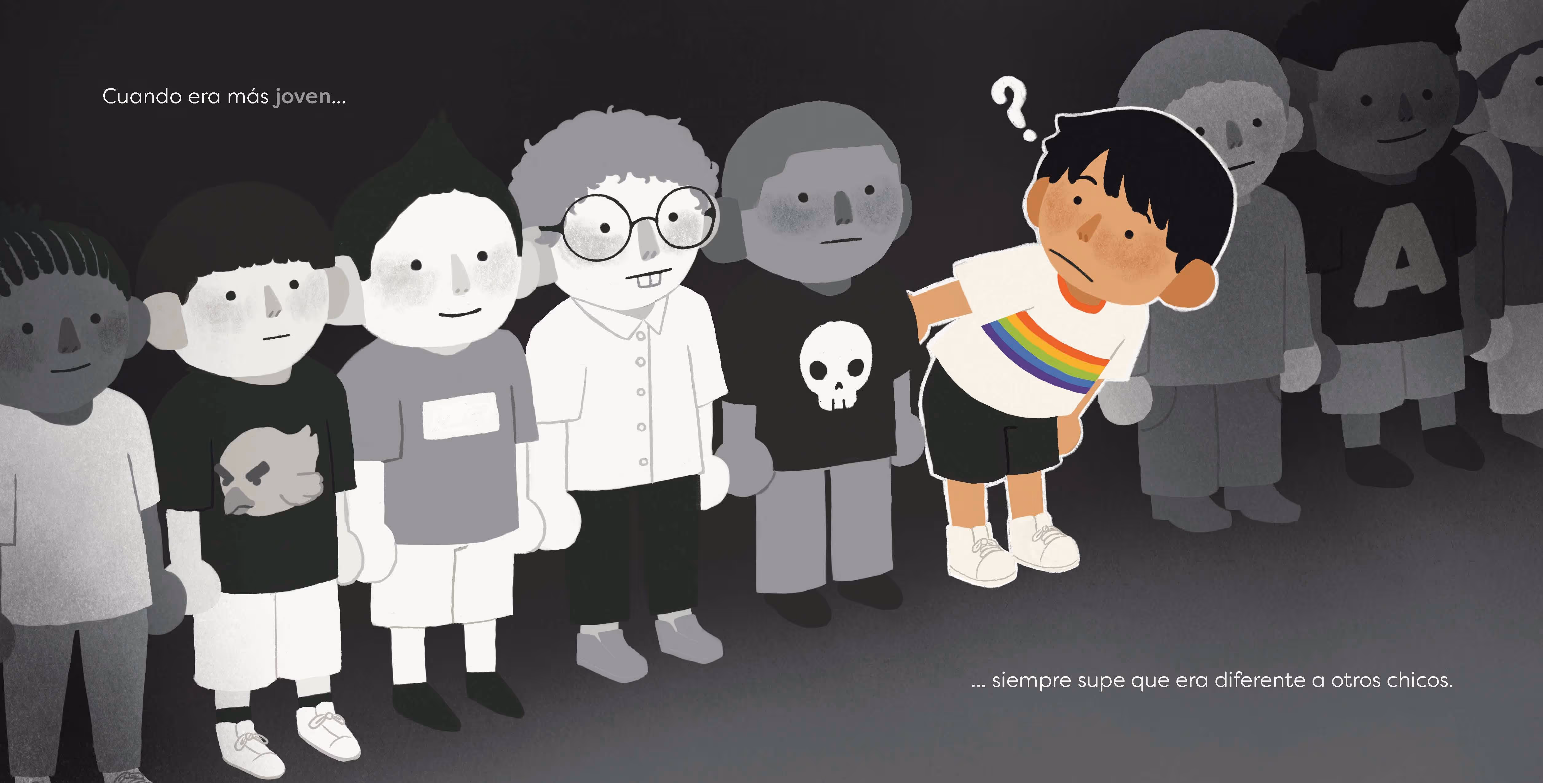 A boy with a rainbow shirt stands out, looking confused among grayscale kids in a line.
