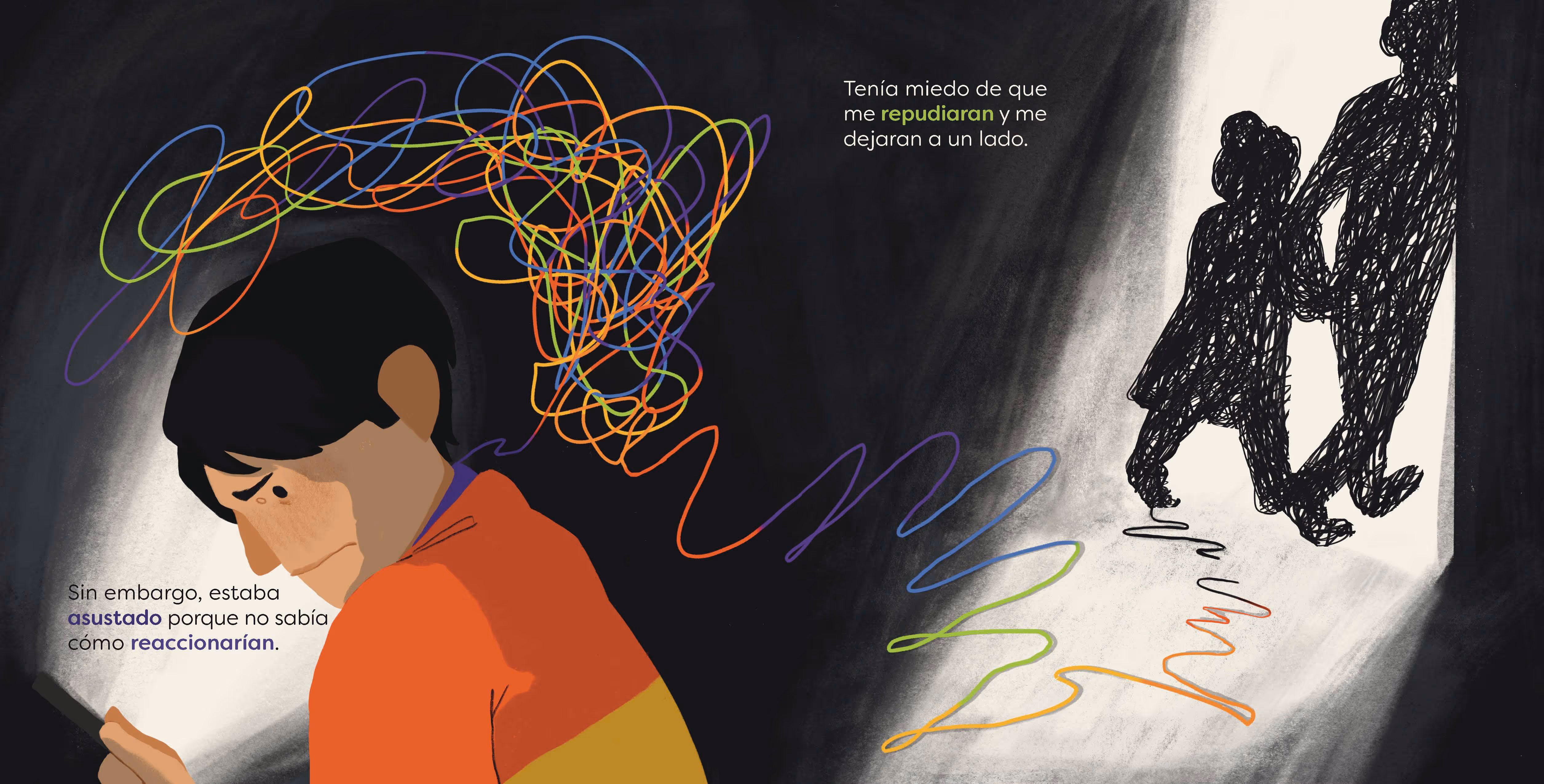 Sad boy in orange looks at phone, colorful scribbles show his worried thoughts about two shadowed figures.