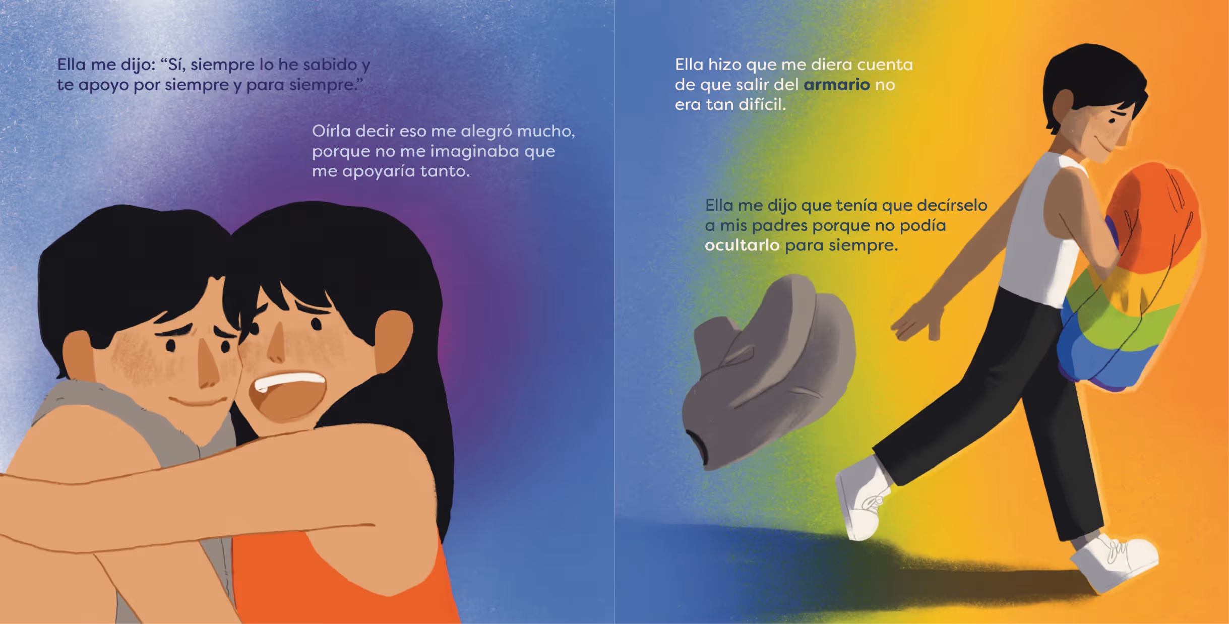 Young boy and girl hugging on left and a person walking away on right holding a rainbow jacket with a discarded gray jacket.