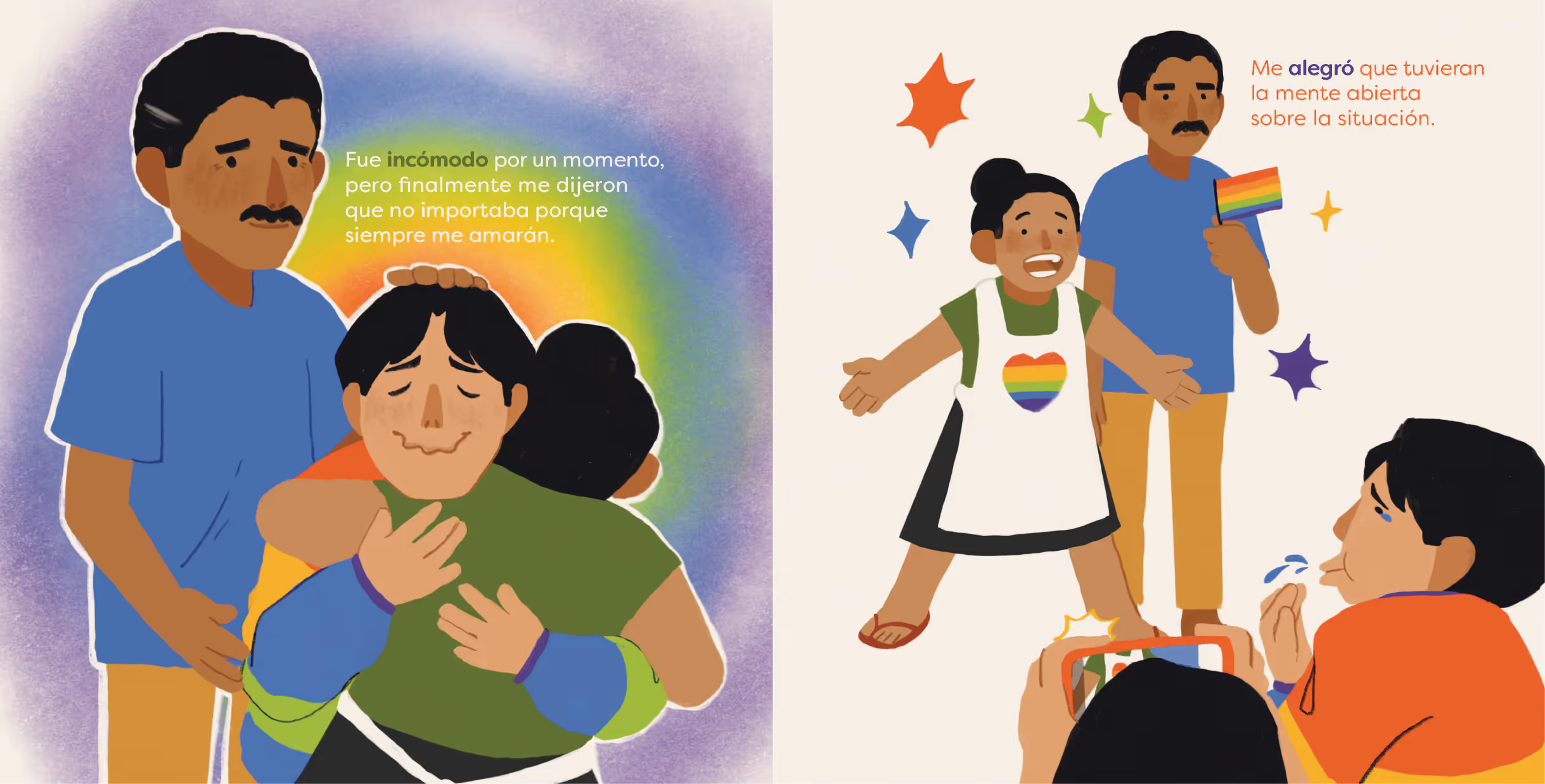 Two scenes: family hugging with warm colors, and joyful people with a pride flag and heart symbol.