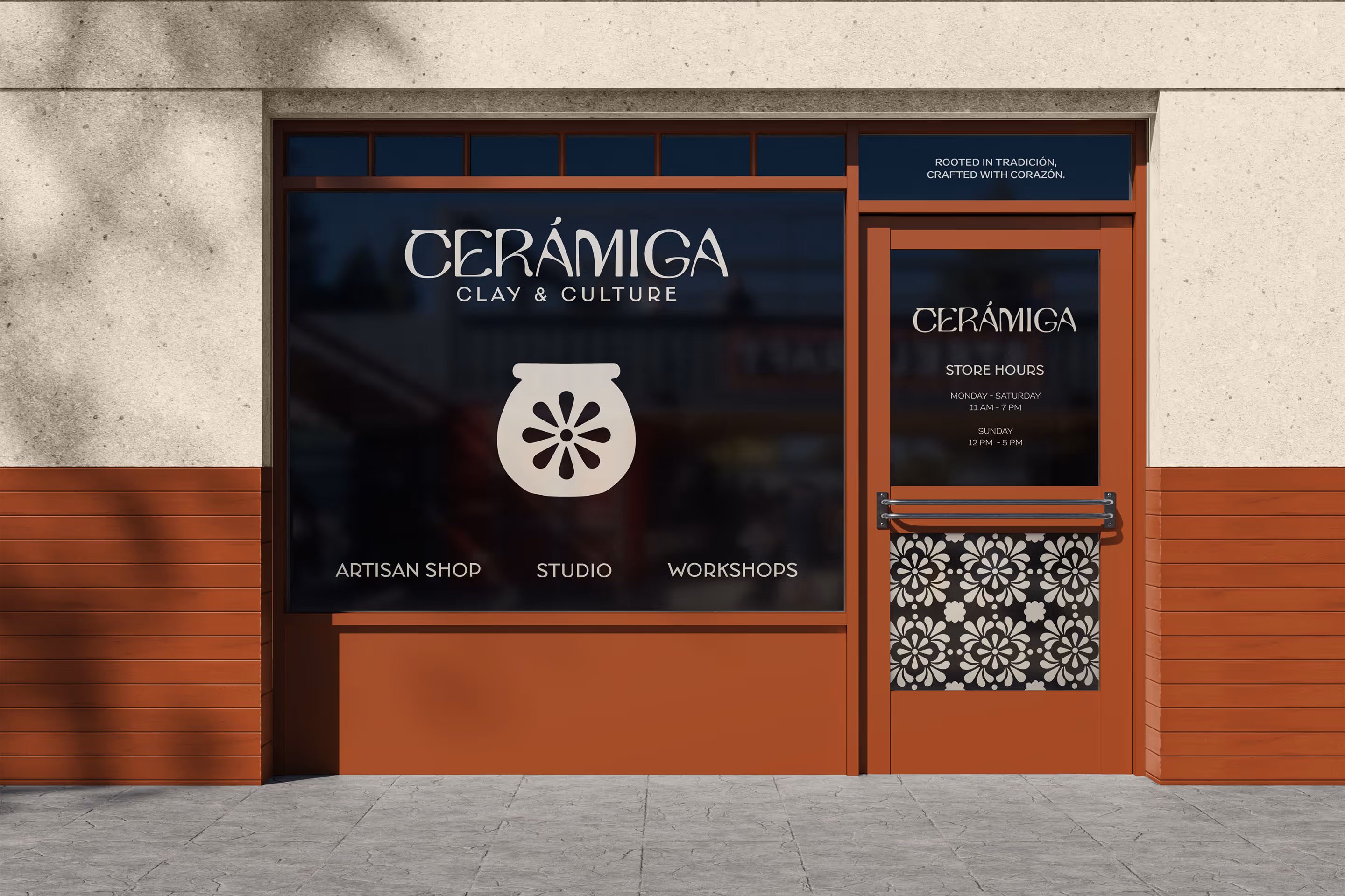 Cerámica storefront with artisan shop, studio, workshops, and store hours on a red and beige facade.