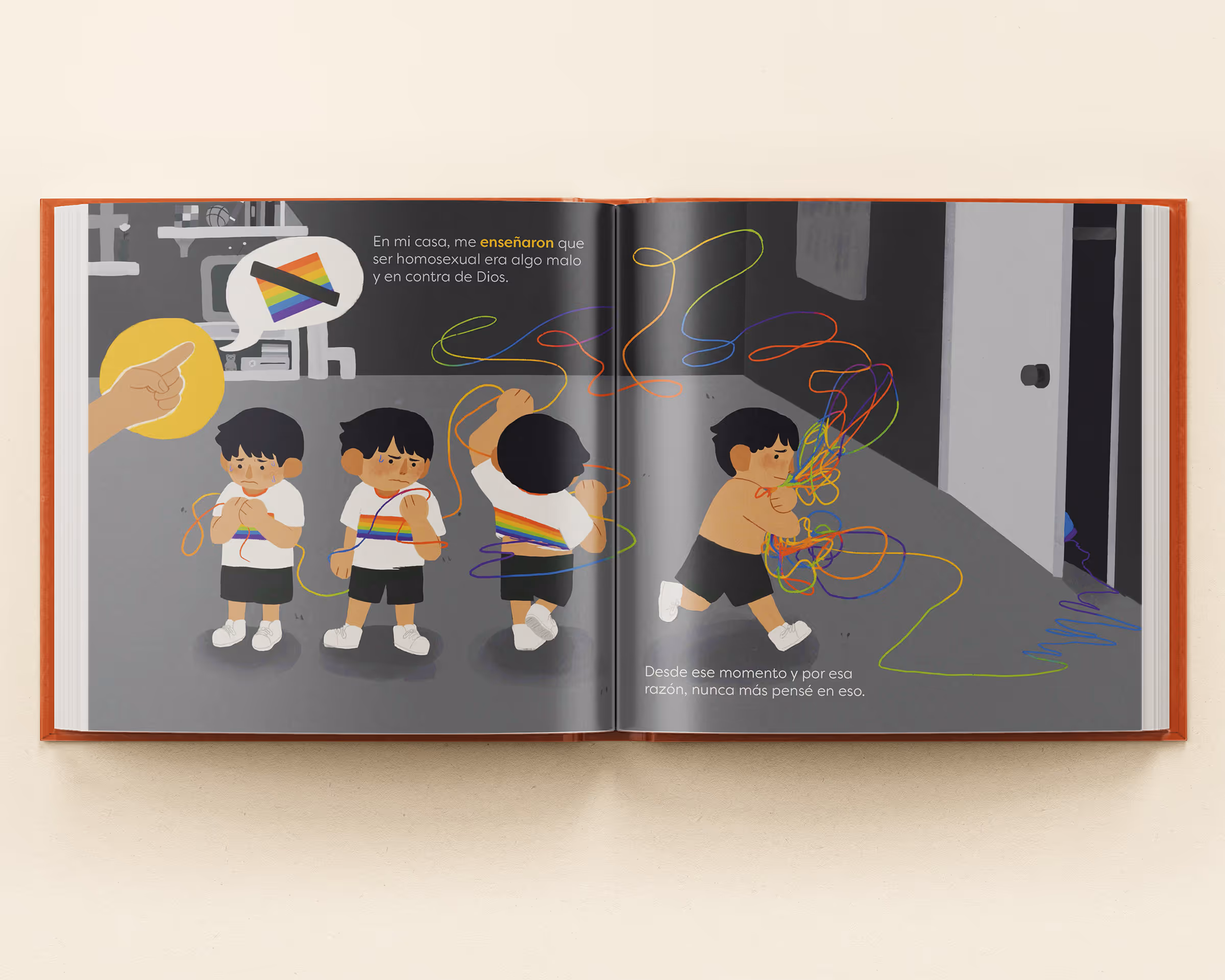 Illustration of a sad boy with a rainbow shirt untangling rainbow strings, rejecting a crossed-out rainbow flag.