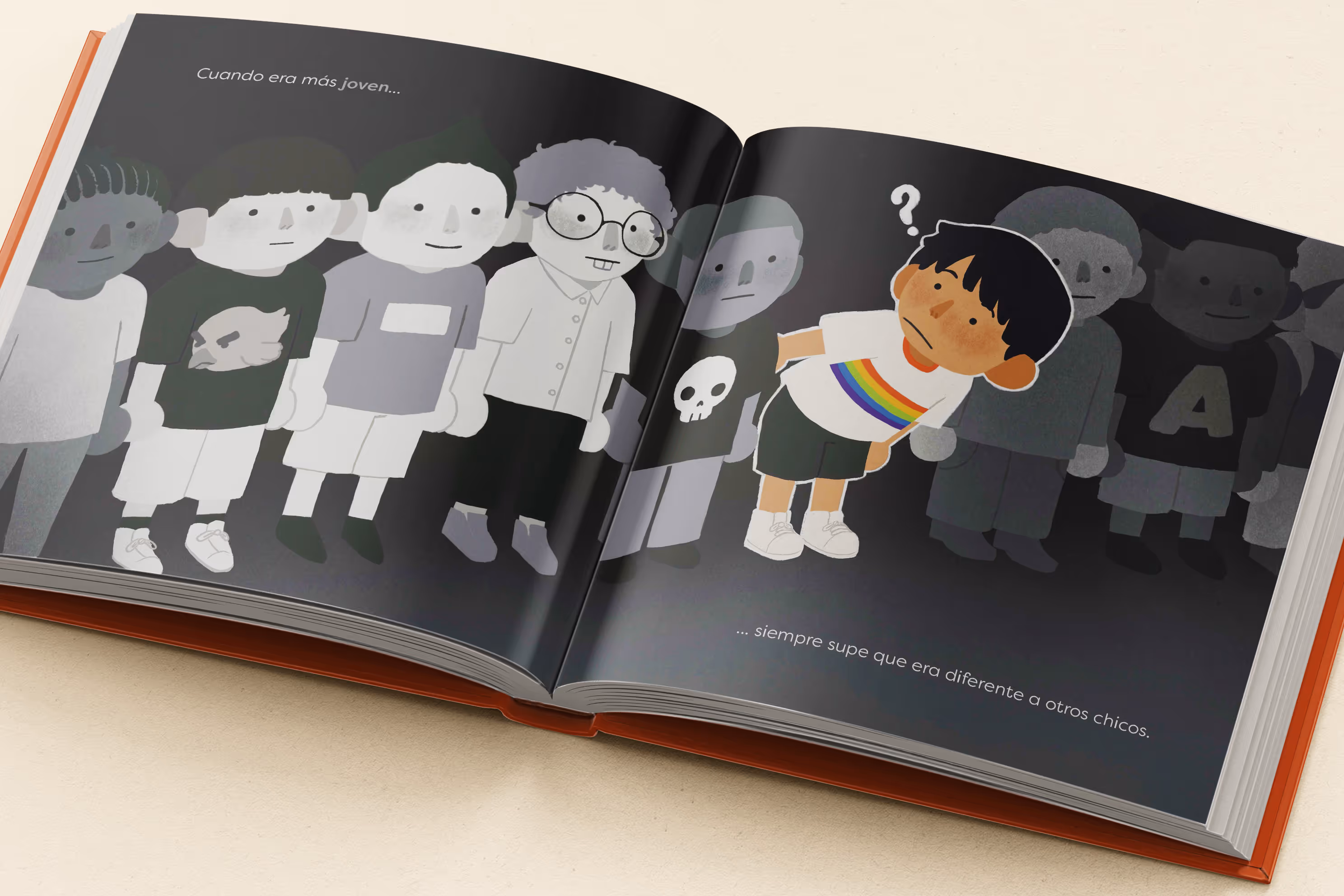 Illustration of a child in a rainbow shirt looking confused, standing apart from gray children in black shirts.