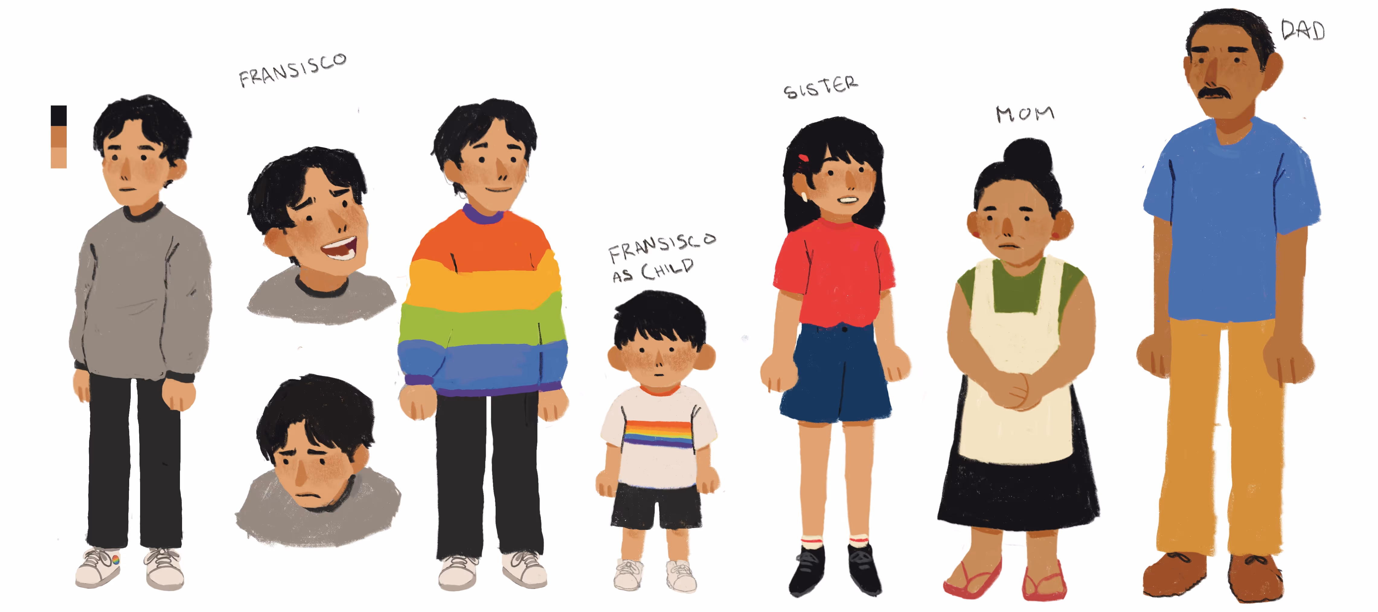 Illustrations of family members: Francisco in various poses, sister, mom, and dad in casual clothes.
