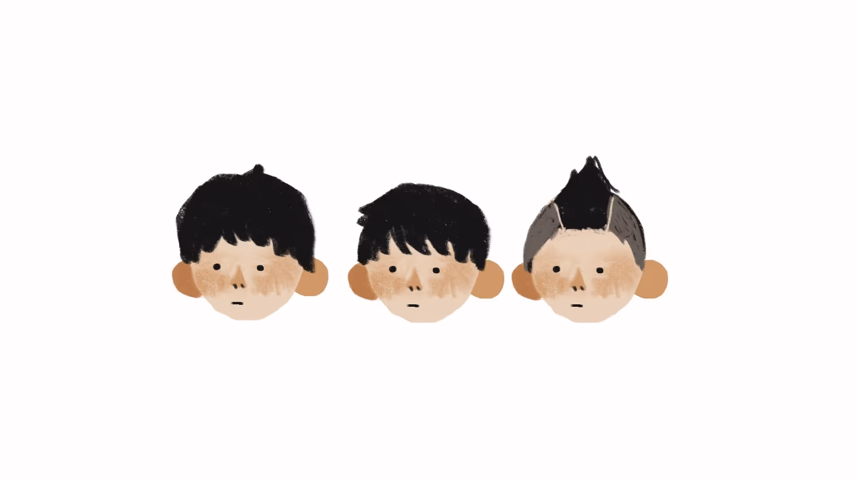 Three stylized illustrated heads of a boy with different black hairstyles on a white background.