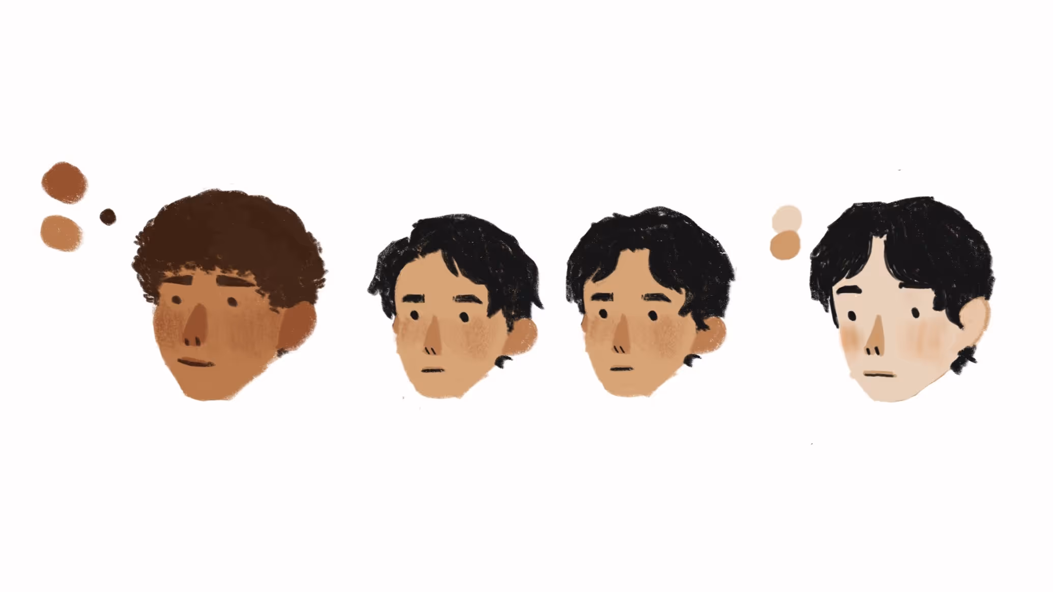Digital art showing four male heads with different hair styles and skin tones on white background.