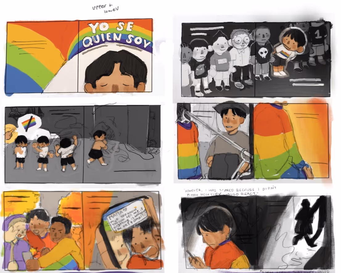 Storyboard panels depicting a boy facing inner conflict, rainbow flags, and a supportive message on a phone screen.
