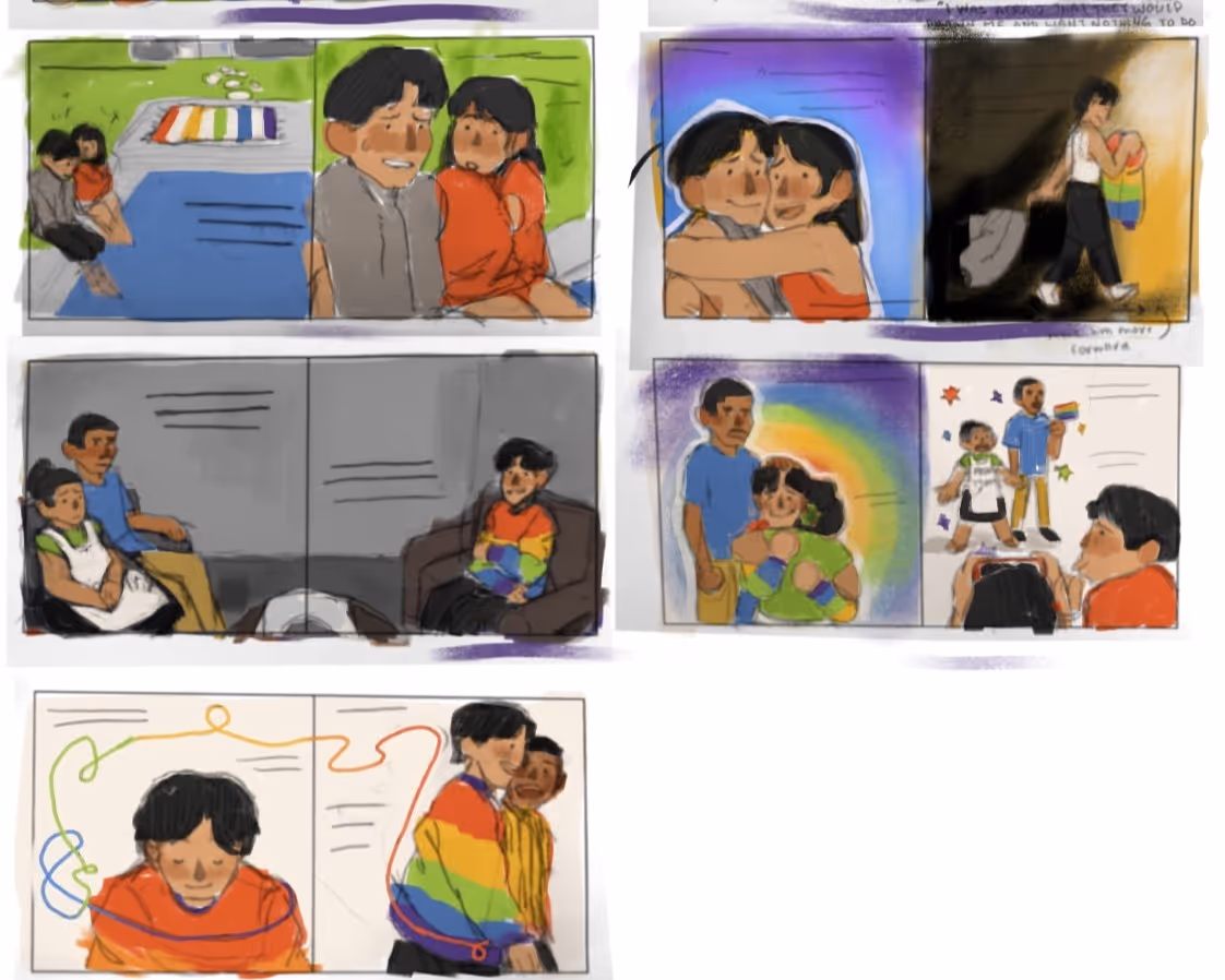Storyboards showing characters expressing love, pride, and support with rainbow colors and hugs.