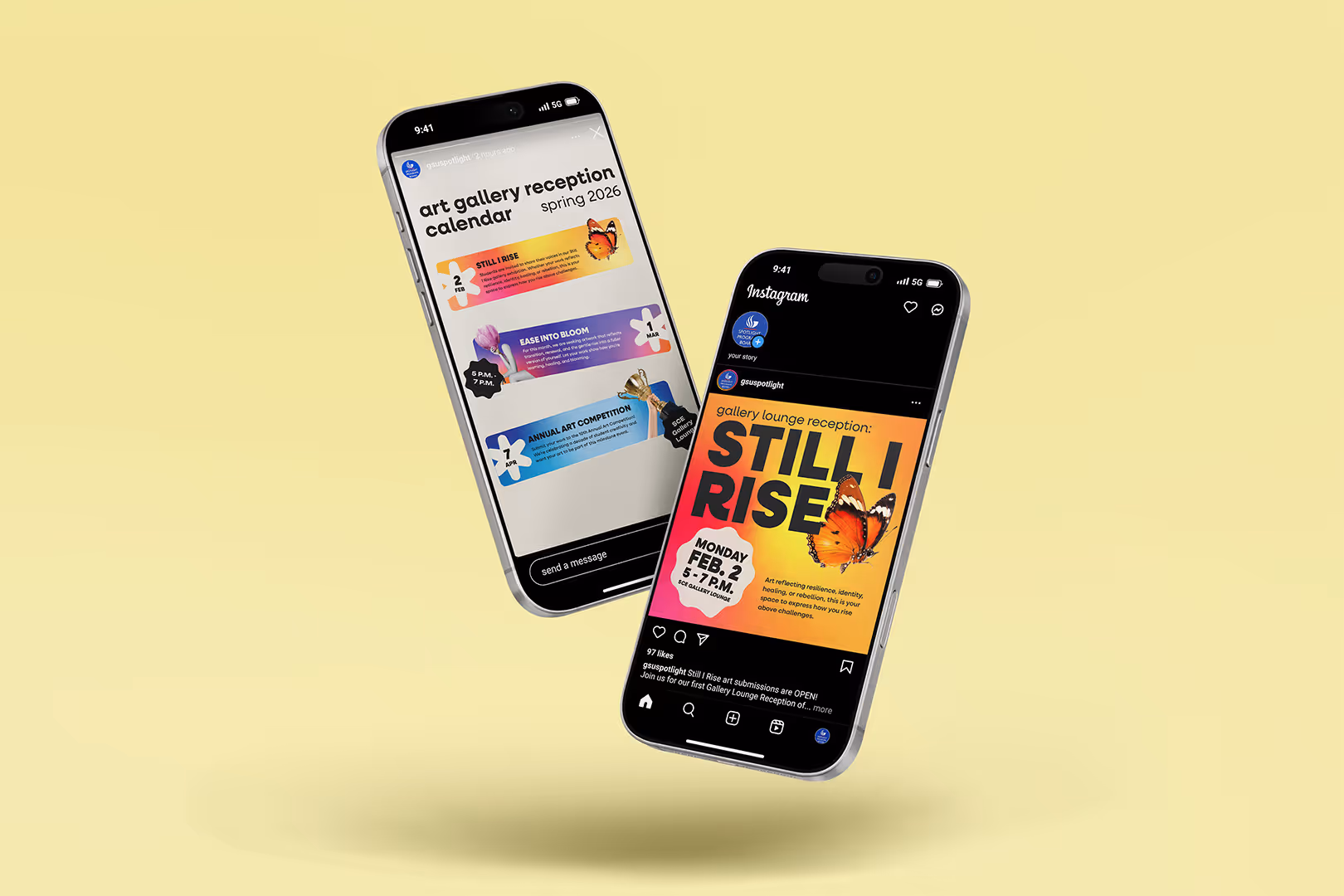 Two iPhones floating with Instagram posts about an art gallery reception calendar for spring 2026.