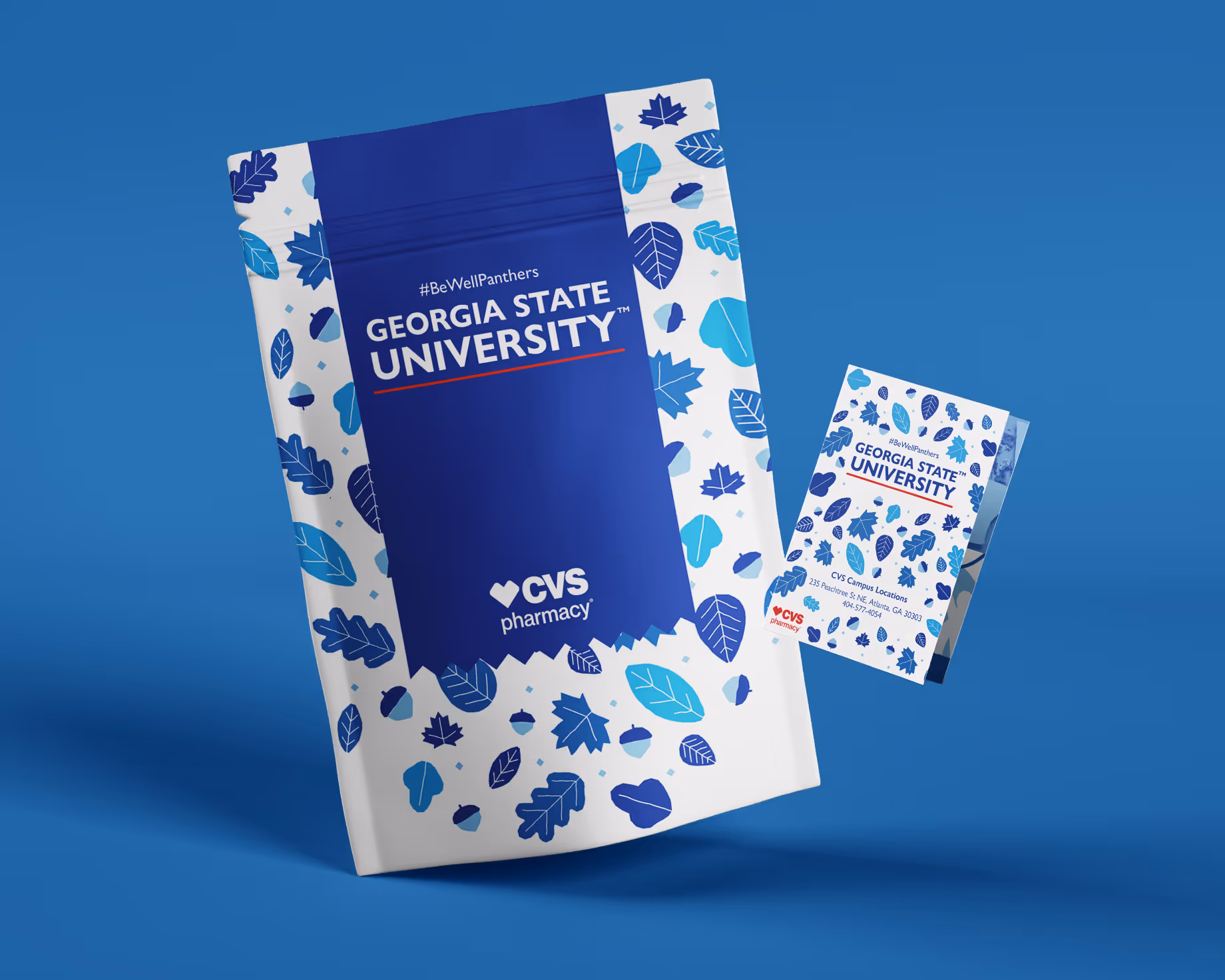 Georgia State University branded wellness pack and card with CVS Pharmacy logo on blue background.