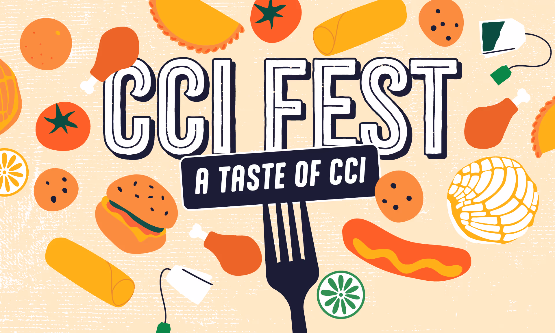 CCI Fest logo with text A Taste of CCI surrounded by illustrations of food items and a black fork.