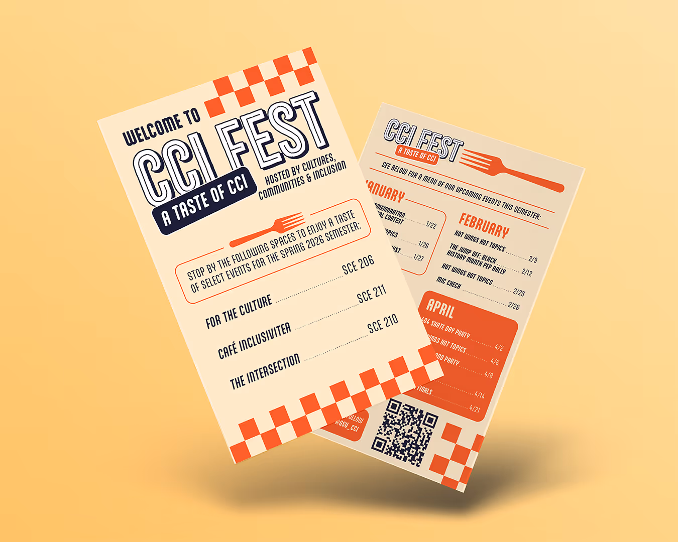 Flyers for CCI Fest event featuring spring 2026 events and locations with orange checkered design.