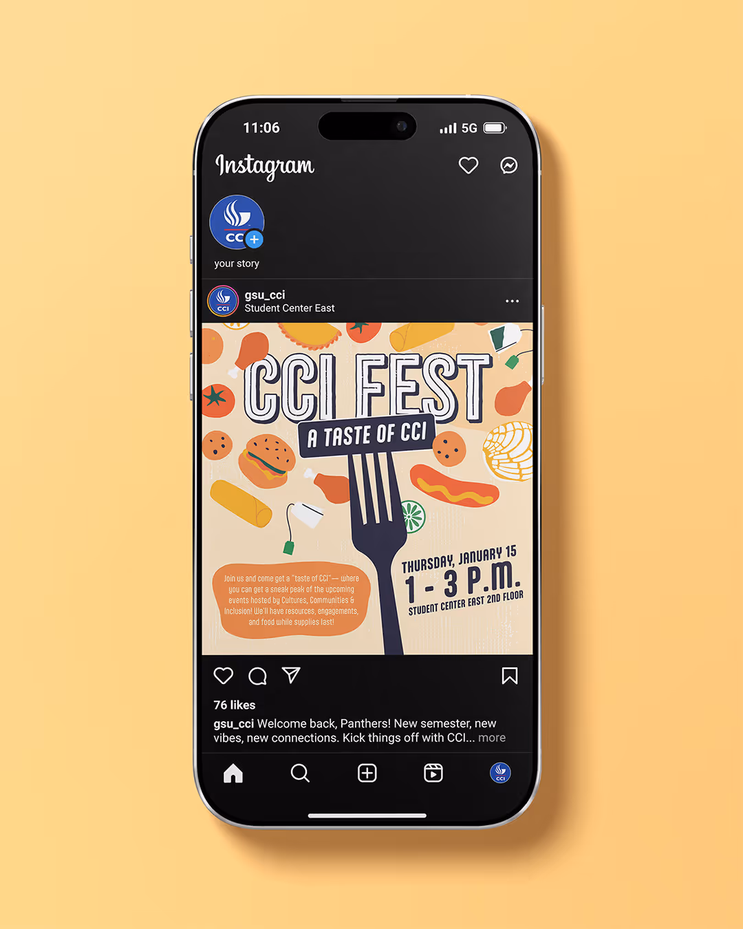 Smartphone screen shows Instagram post about CCI Fest event on January 15 from 1-3 p.m. with food illustrations.