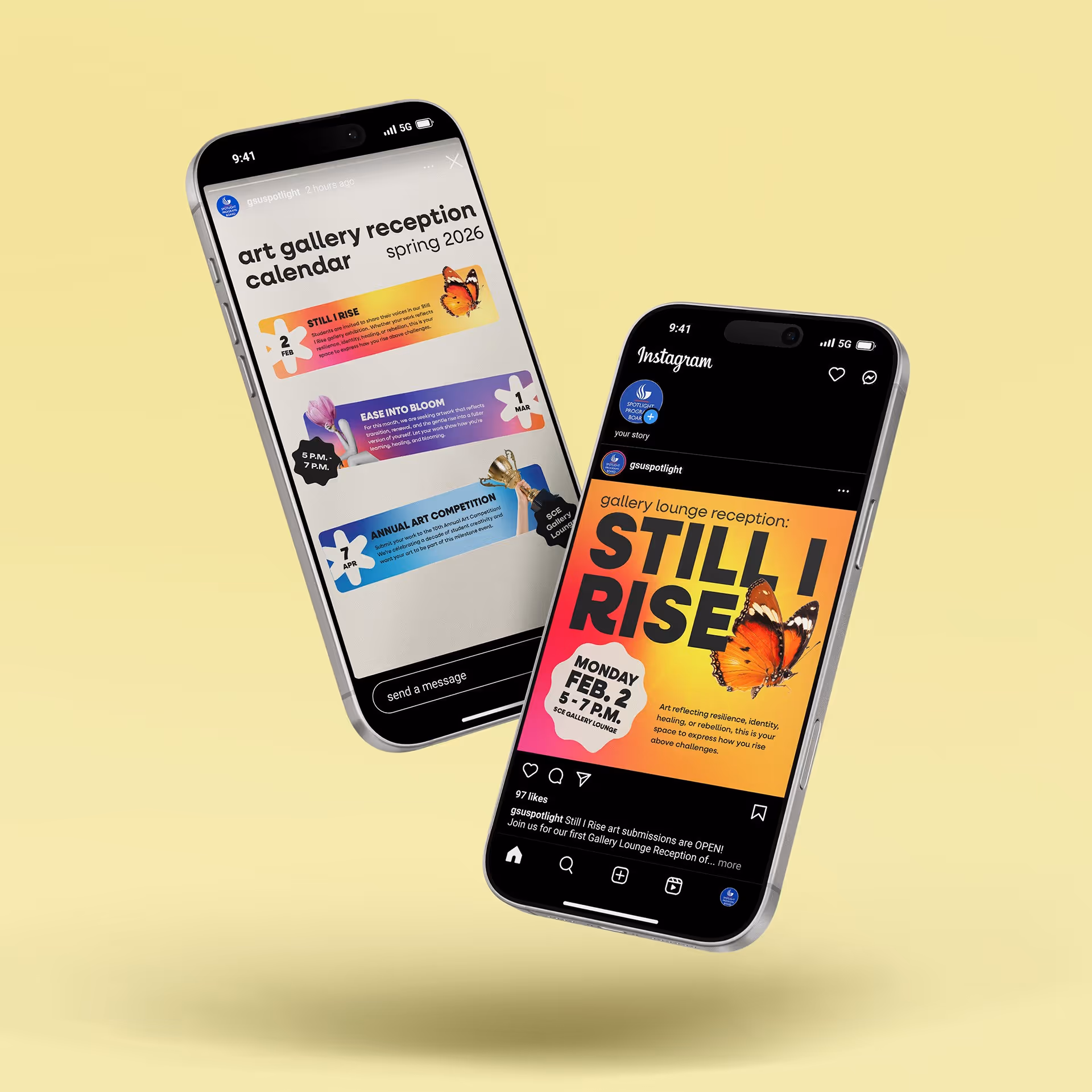 Two phones show spring 2026 art gallery reception calendar and Instagram post for Still I Rise event.