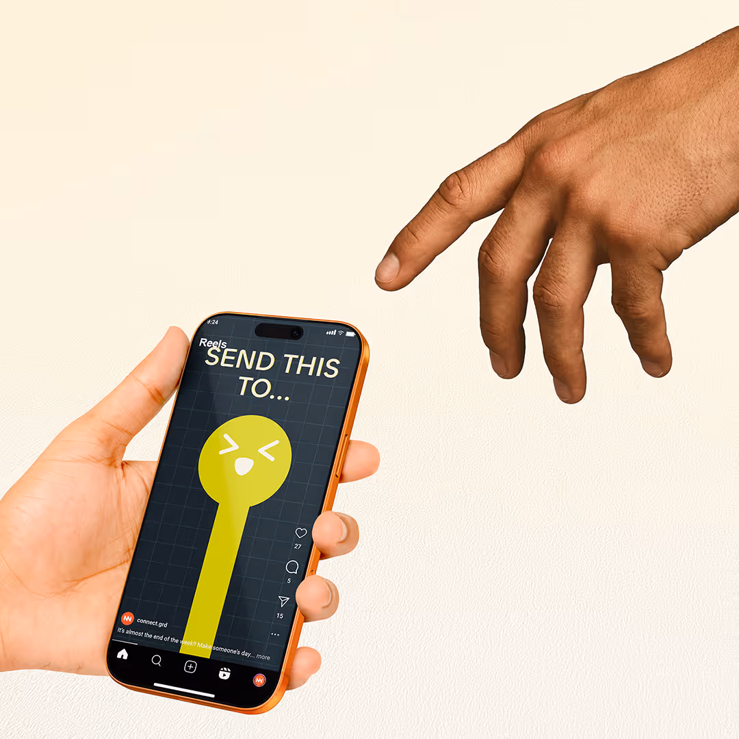 Hand holding smartphone showing text 'SEND THIS TO...' with cartoon yellow node character on screen.
