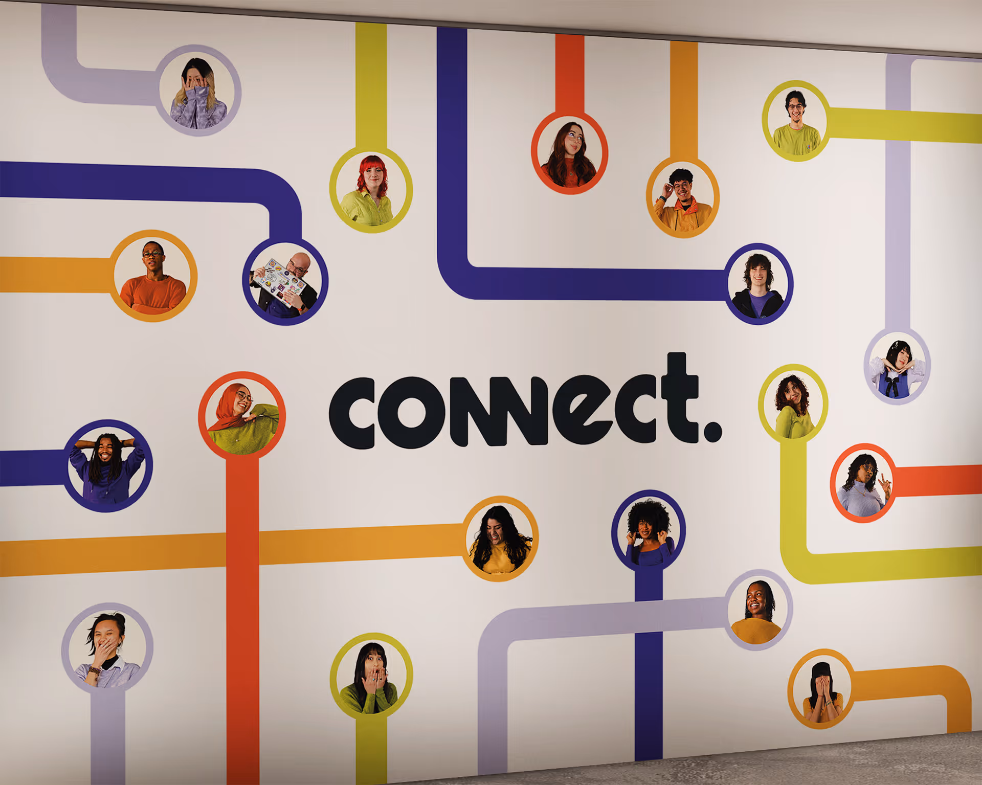 Wall mural with diverse faces connected by colorful lines around the word 'connect.'