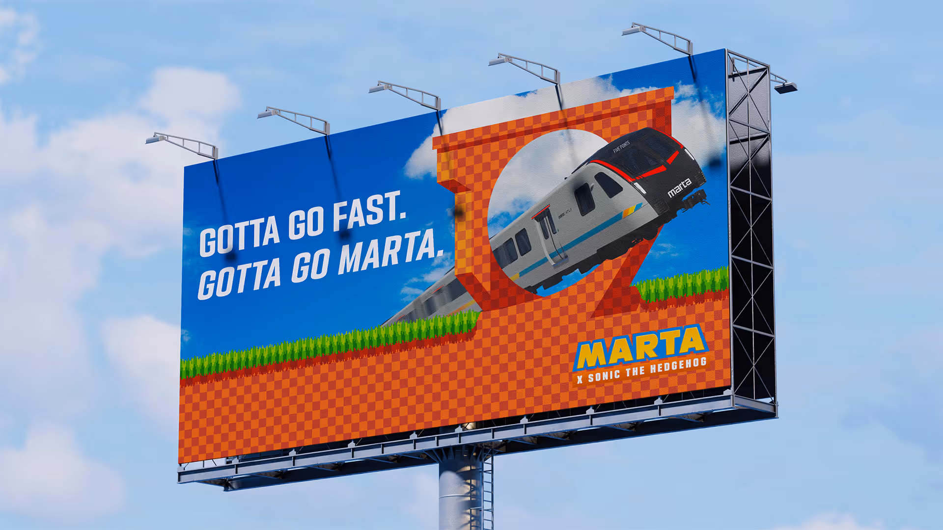 Billboard with MARTA train in a Sonic the Hedgehog style landscape and text ‘Gotta go fast. Gotta go MARTA.’