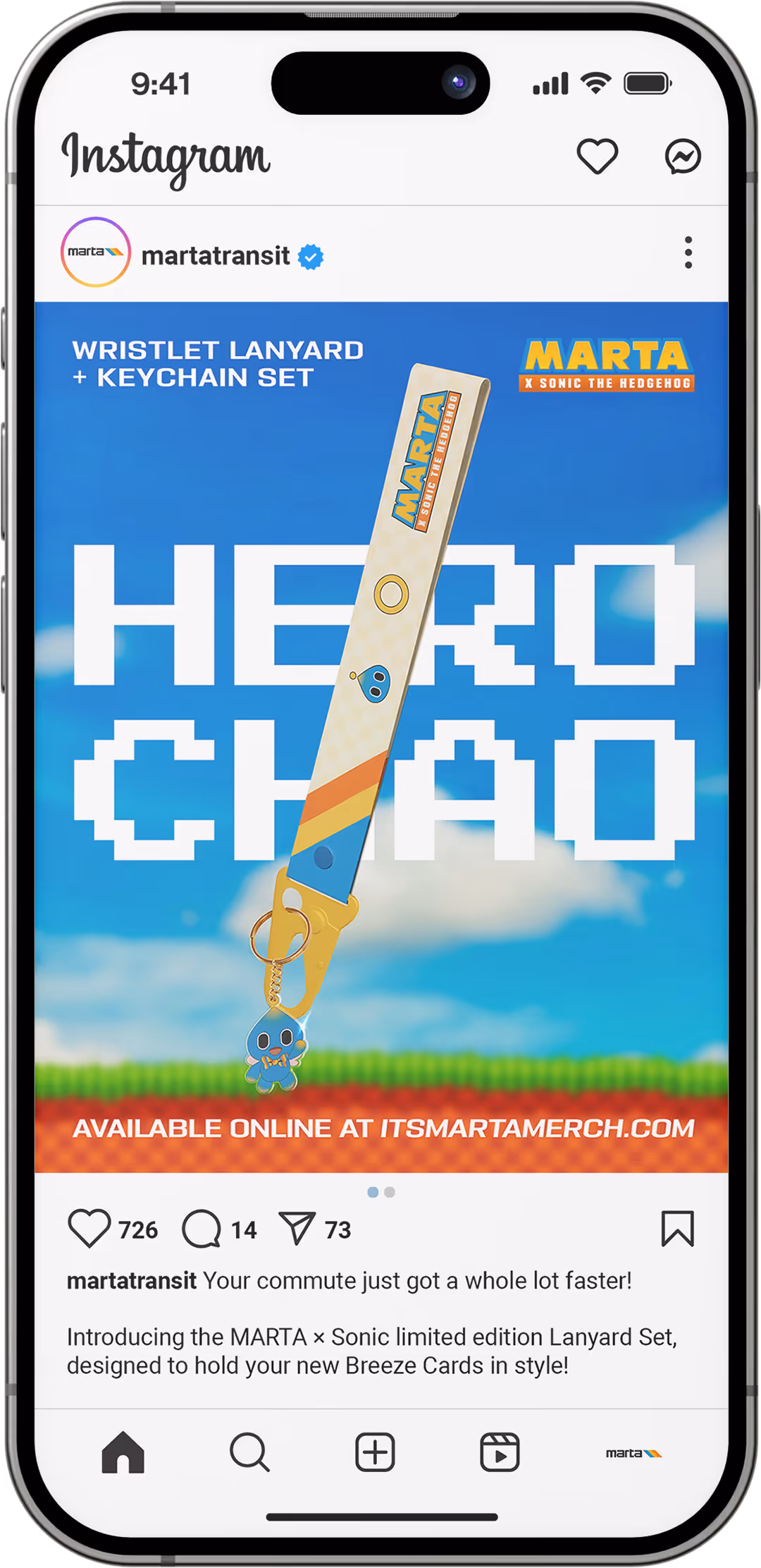 Instagram post from MARTA Transit showing a limited edition Sonic the Hedgehog wristlet lanyard and keychain set.