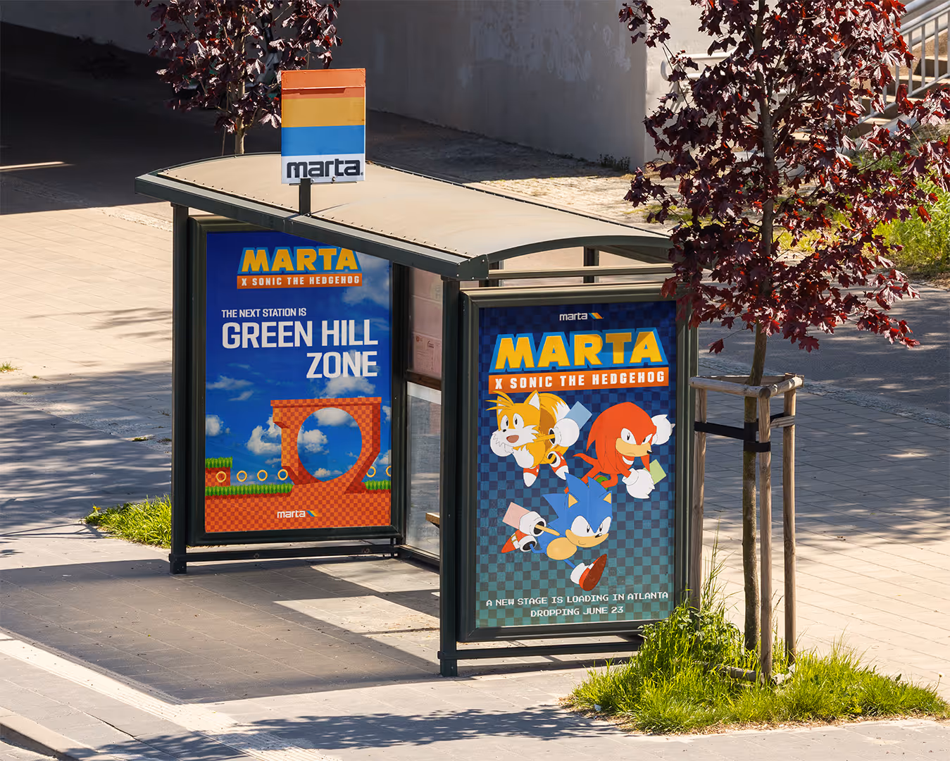 Bus stop with MARTA x Sonic the Hedgehog posters announcing collaboration launch June 23.