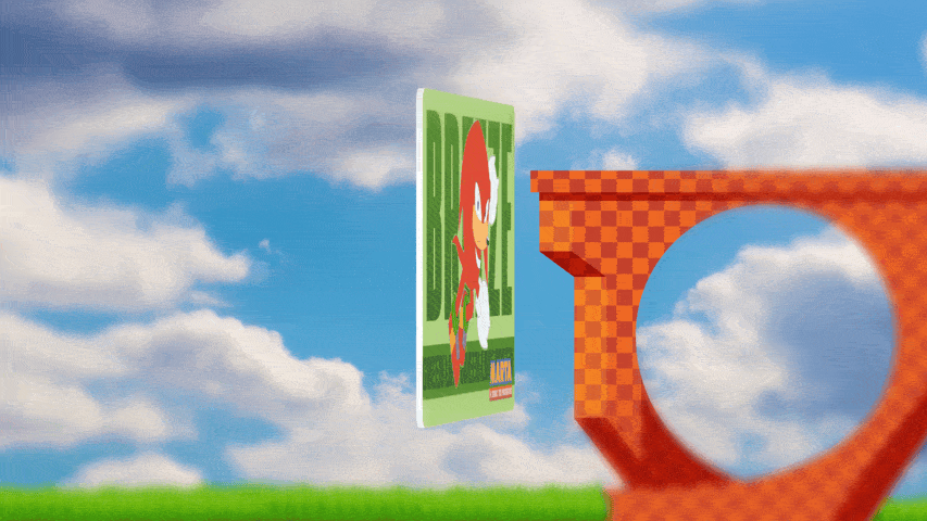 3D animation of a card featuring Knuckles from Sonic The Hedgehog rotating in front of a checkerboard platform in a blue sky scene.