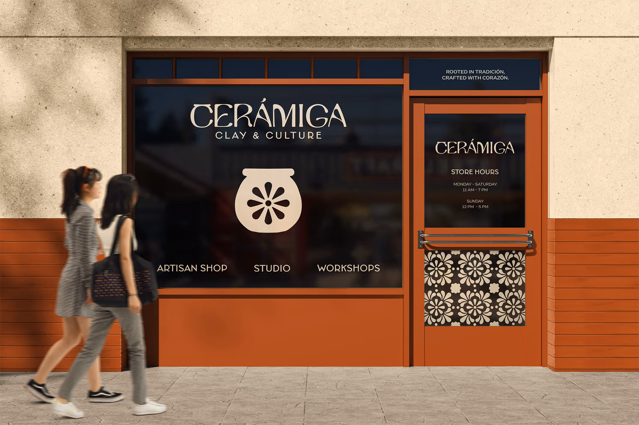 Cerámica storefront with artisan shop, studio, workshops, and store hours on a red and beige facade.