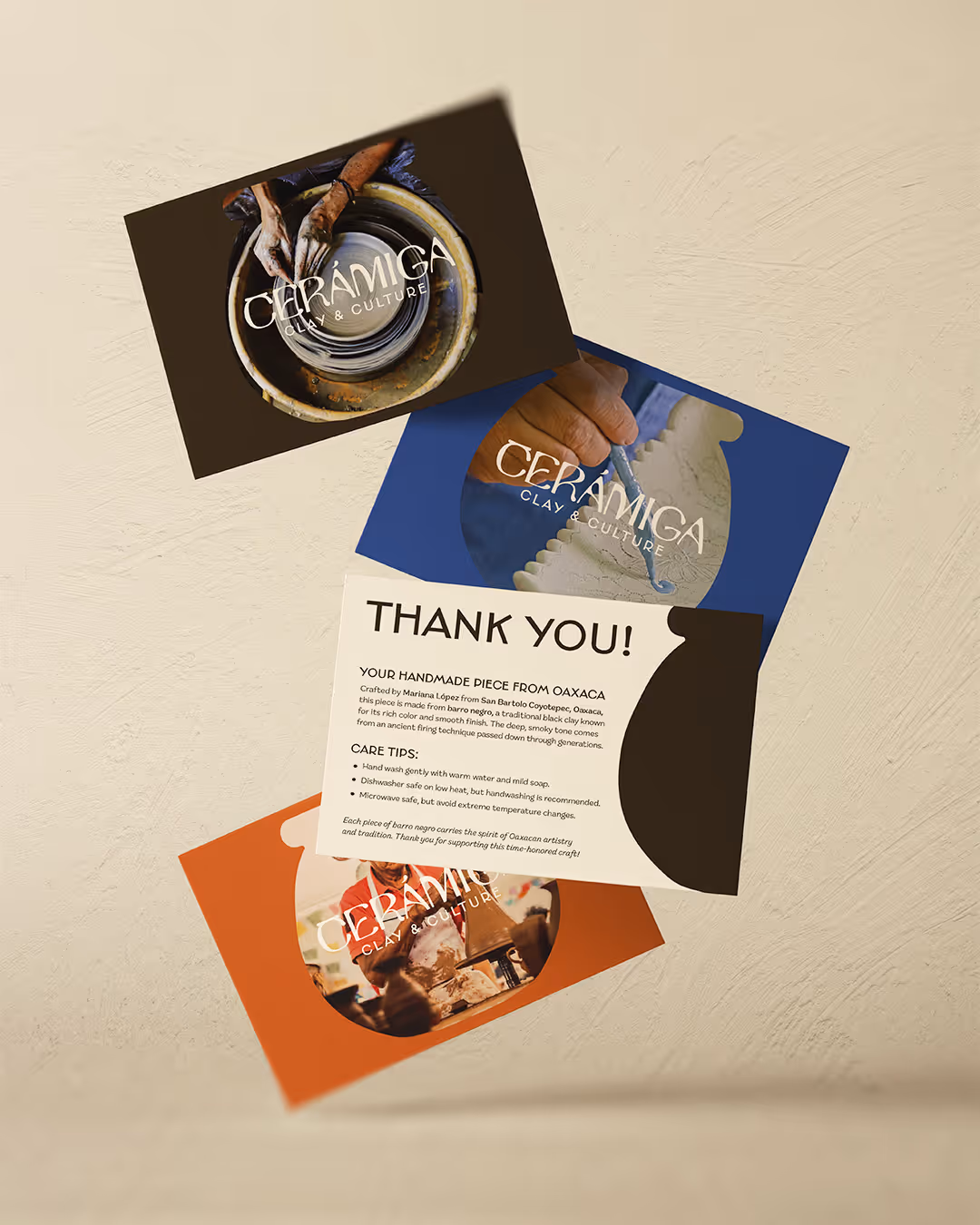 Set of colorful Ceramiga Clay & Culture thank you and care cards with pottery images on a beige background.