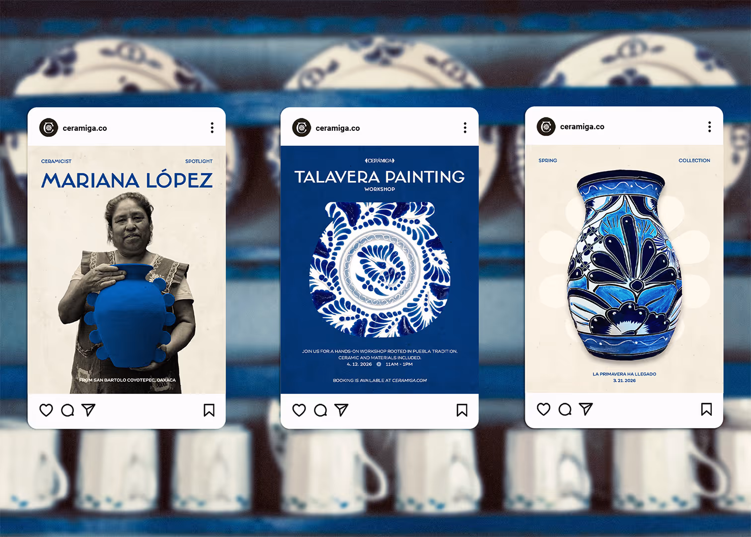 Instagram posts showing Mariana López with pottery, Talavera painting workshop, and a blue floral vase.