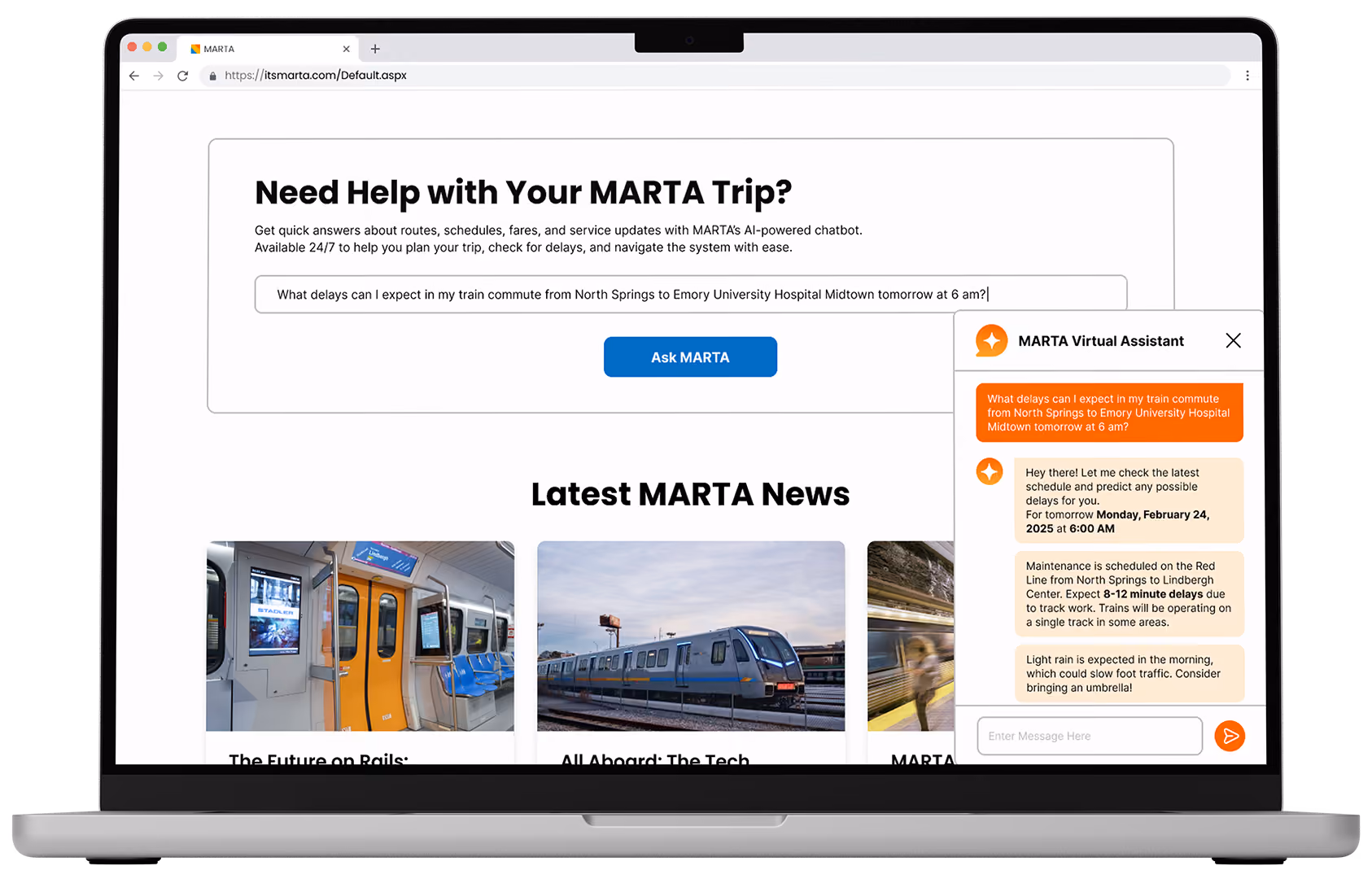 Laptop screen shows MARTA website with AI chatbot answering train delay questions for Feb 24, 2025 at 6 AM.